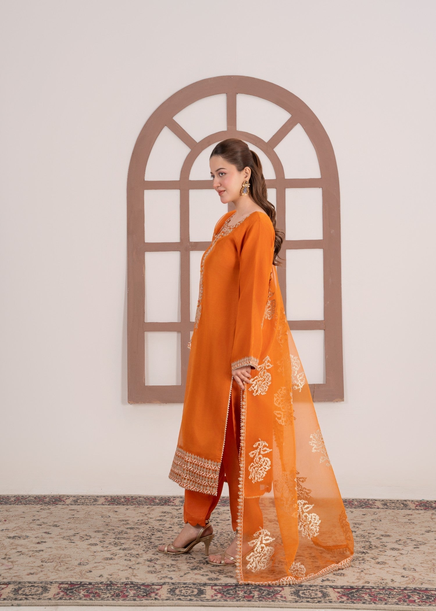 organza Kurta Set in Pumpkin orange