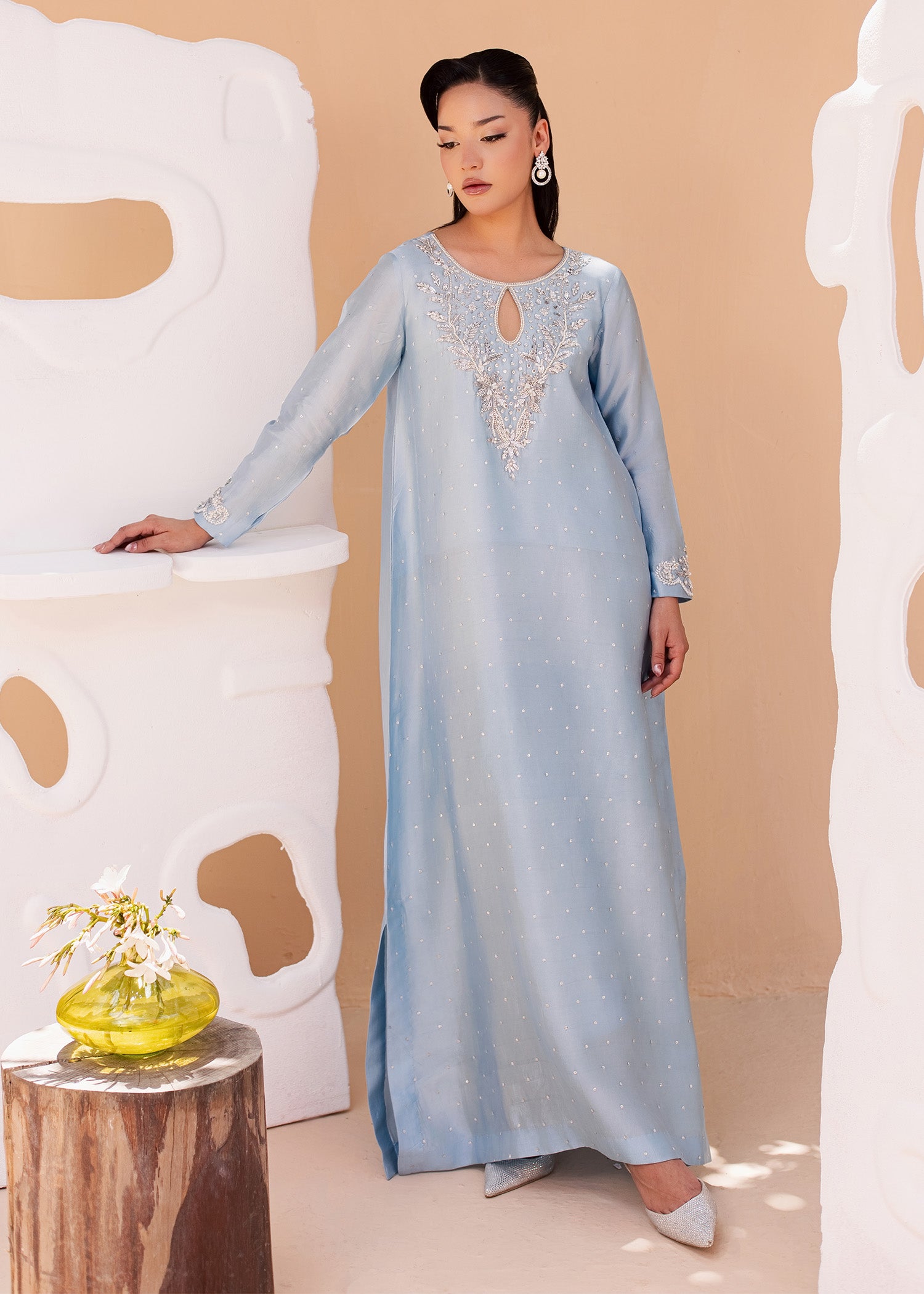 tussar silk Kaftan in Cloud blue