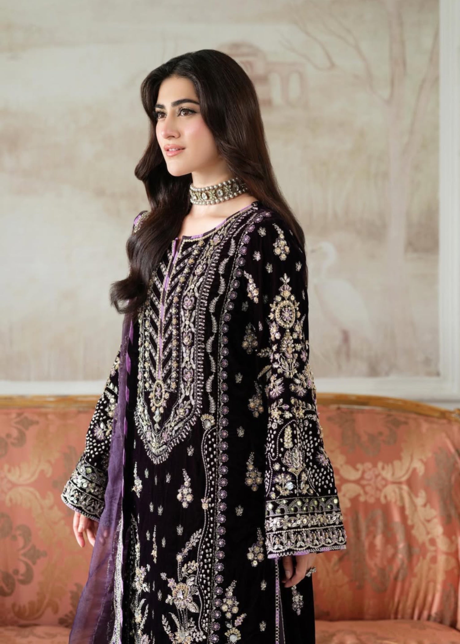 velvet Kurta Set in Plum purple