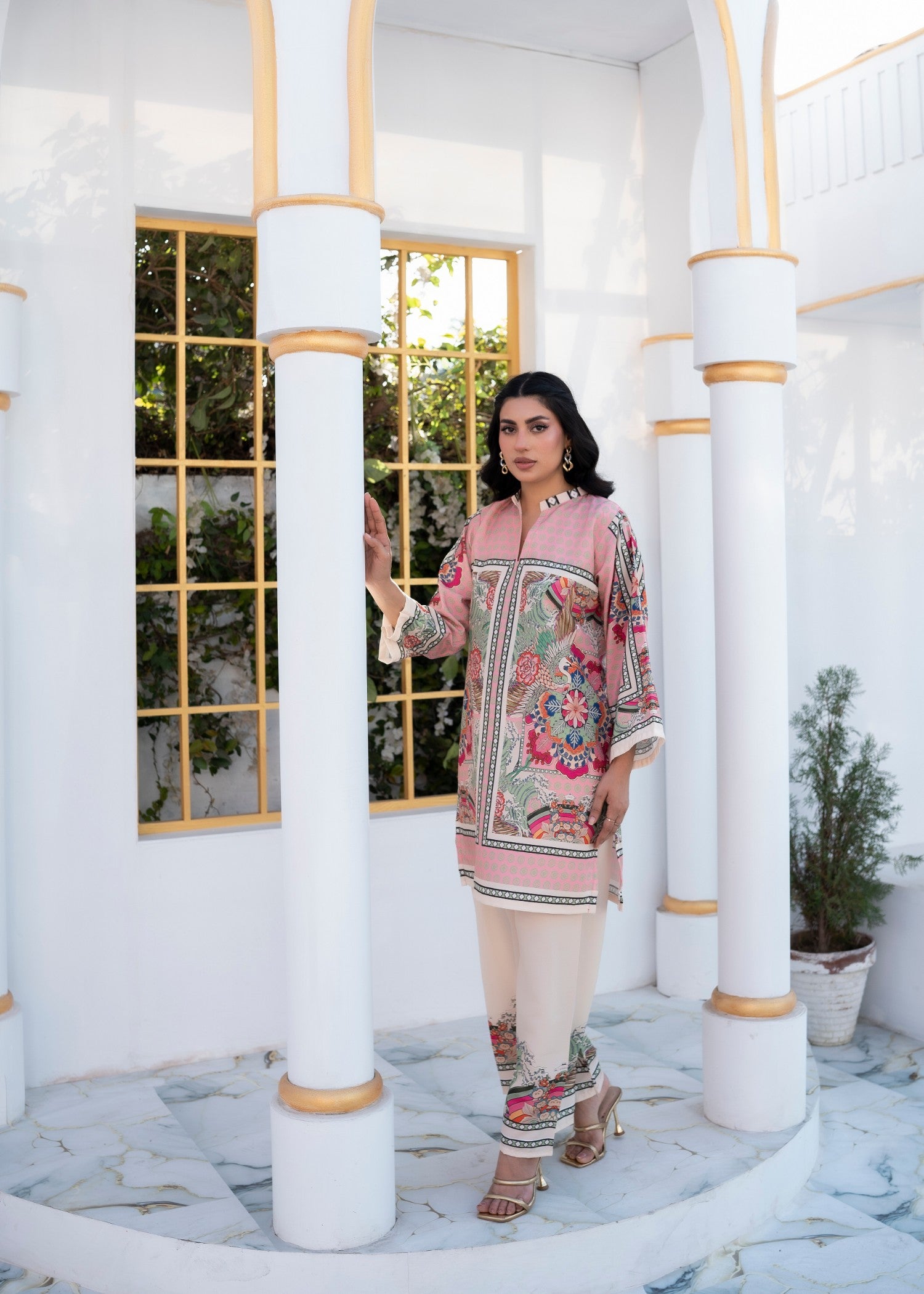 poly lawn Kurta Set in Baby pink, multi