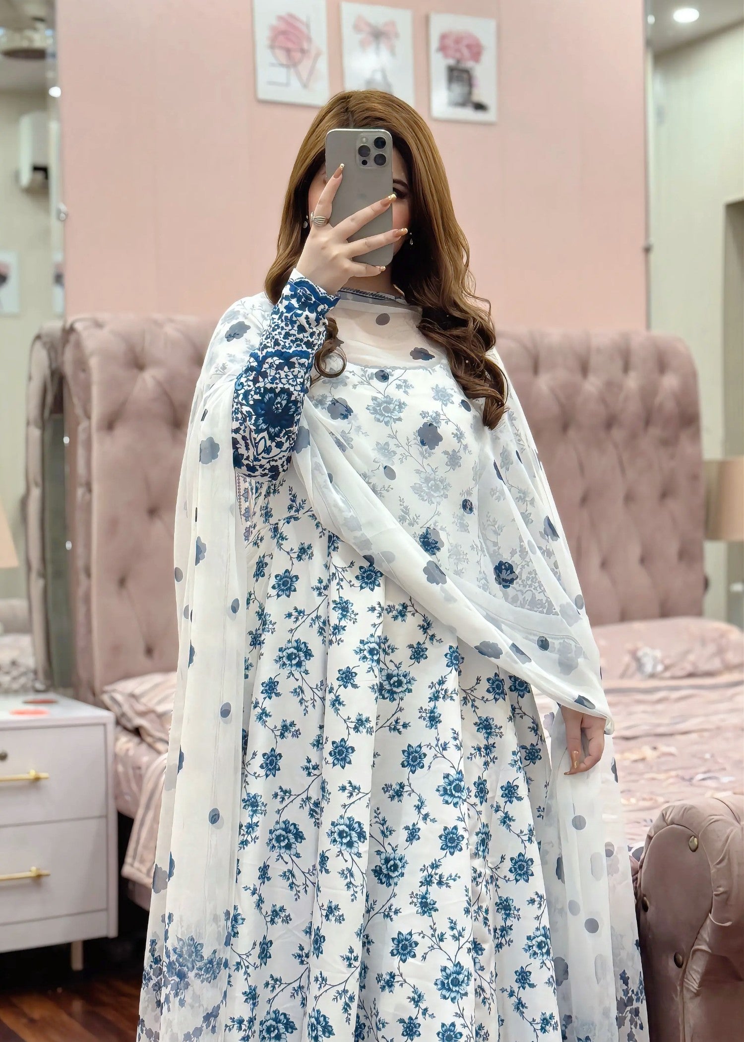 poly lawn Anarkali in Navy blue, white