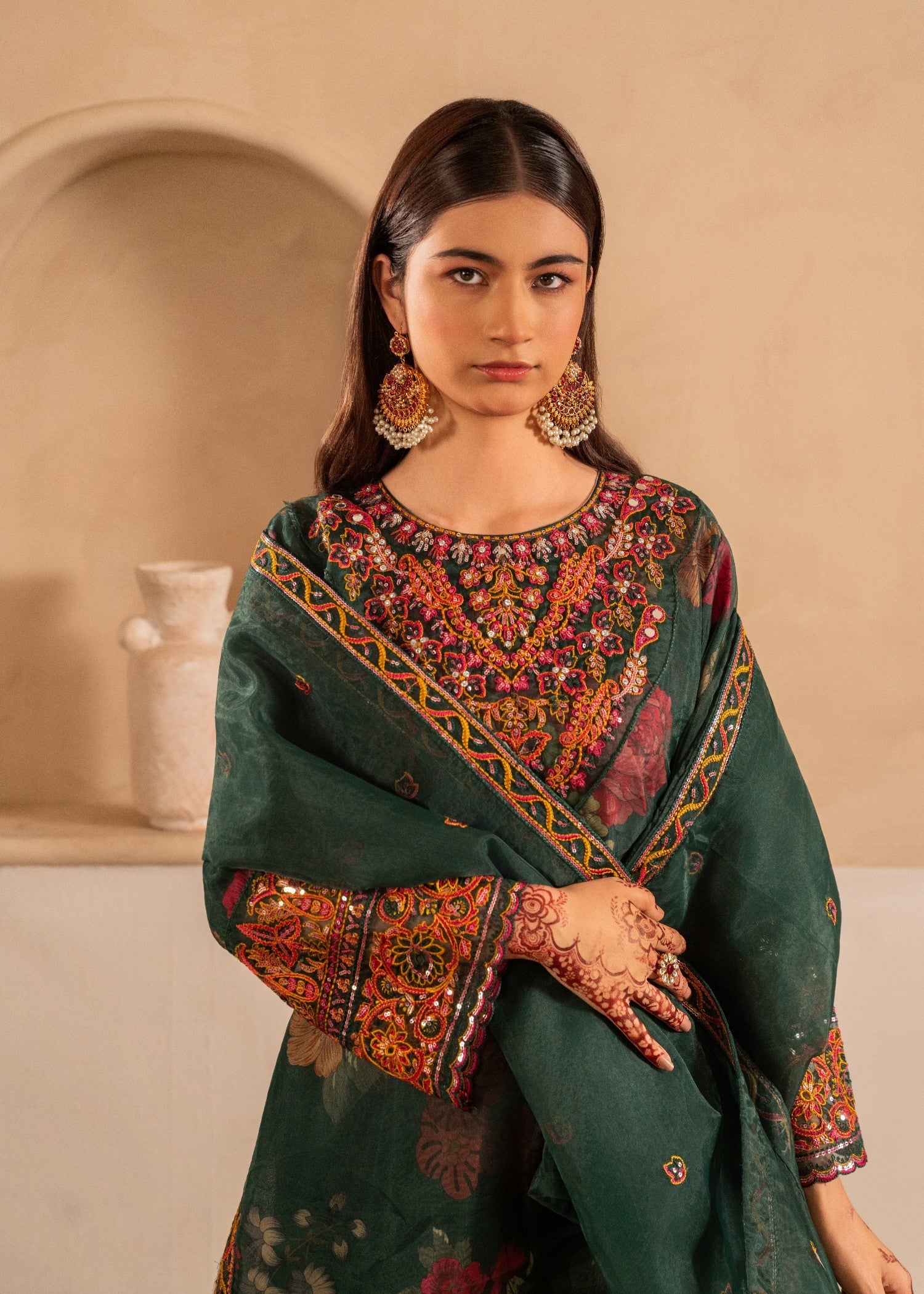 organza Kurta Set in Dark green