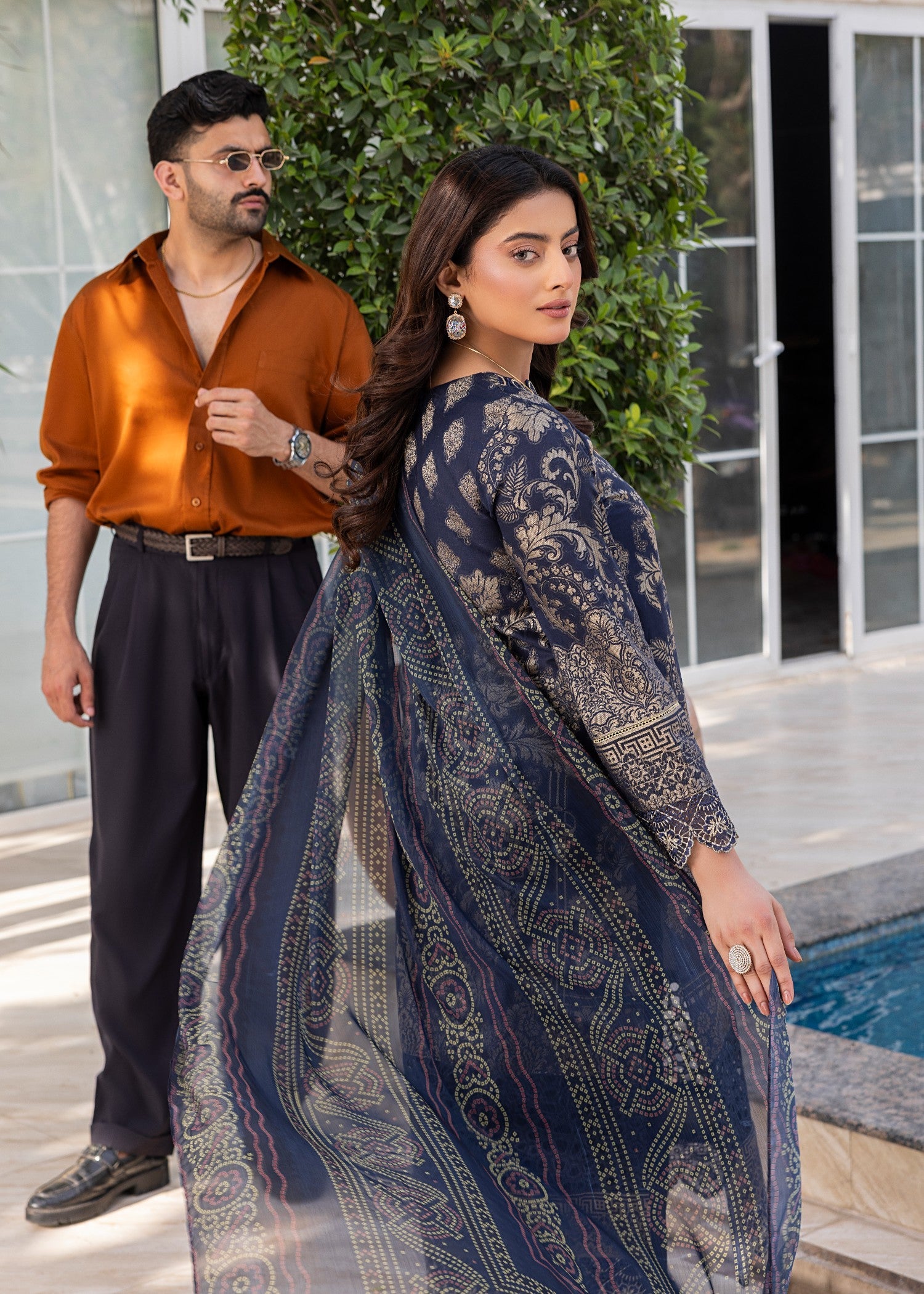 jacquard Kurta Set in Navy blue