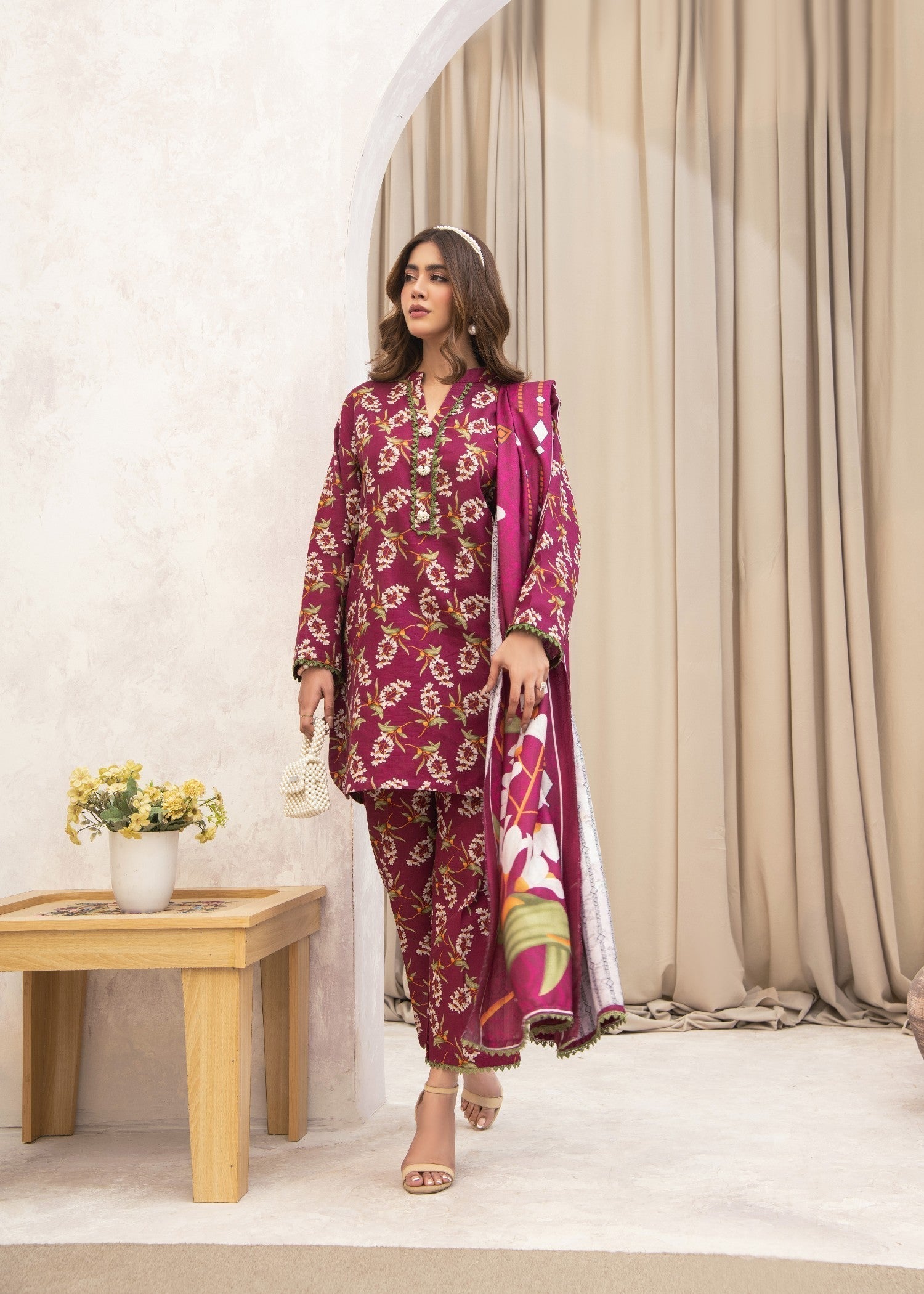 khaddar Kurta Set in Burgundy