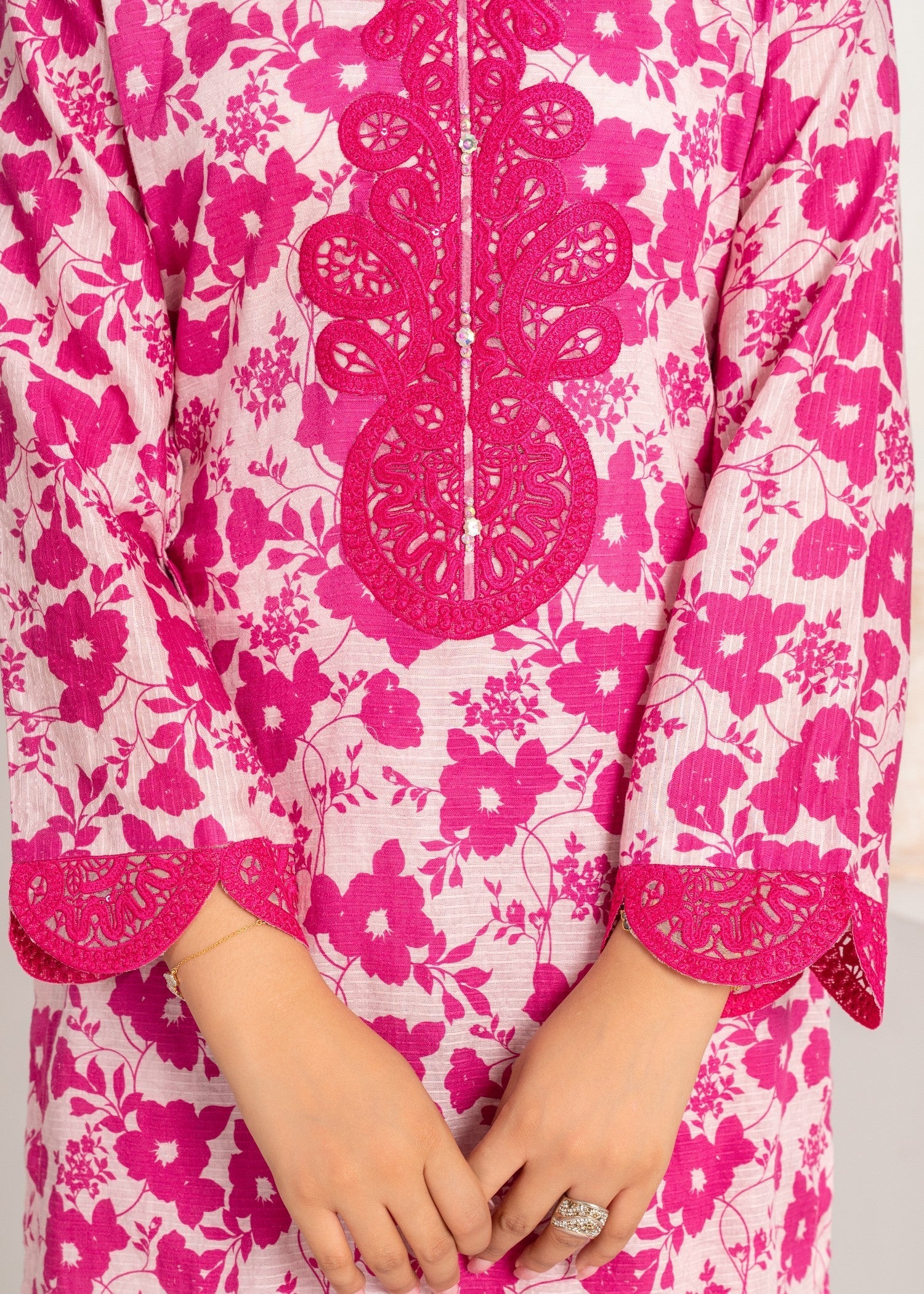 textured lawn Kurta Set in Shocking pink