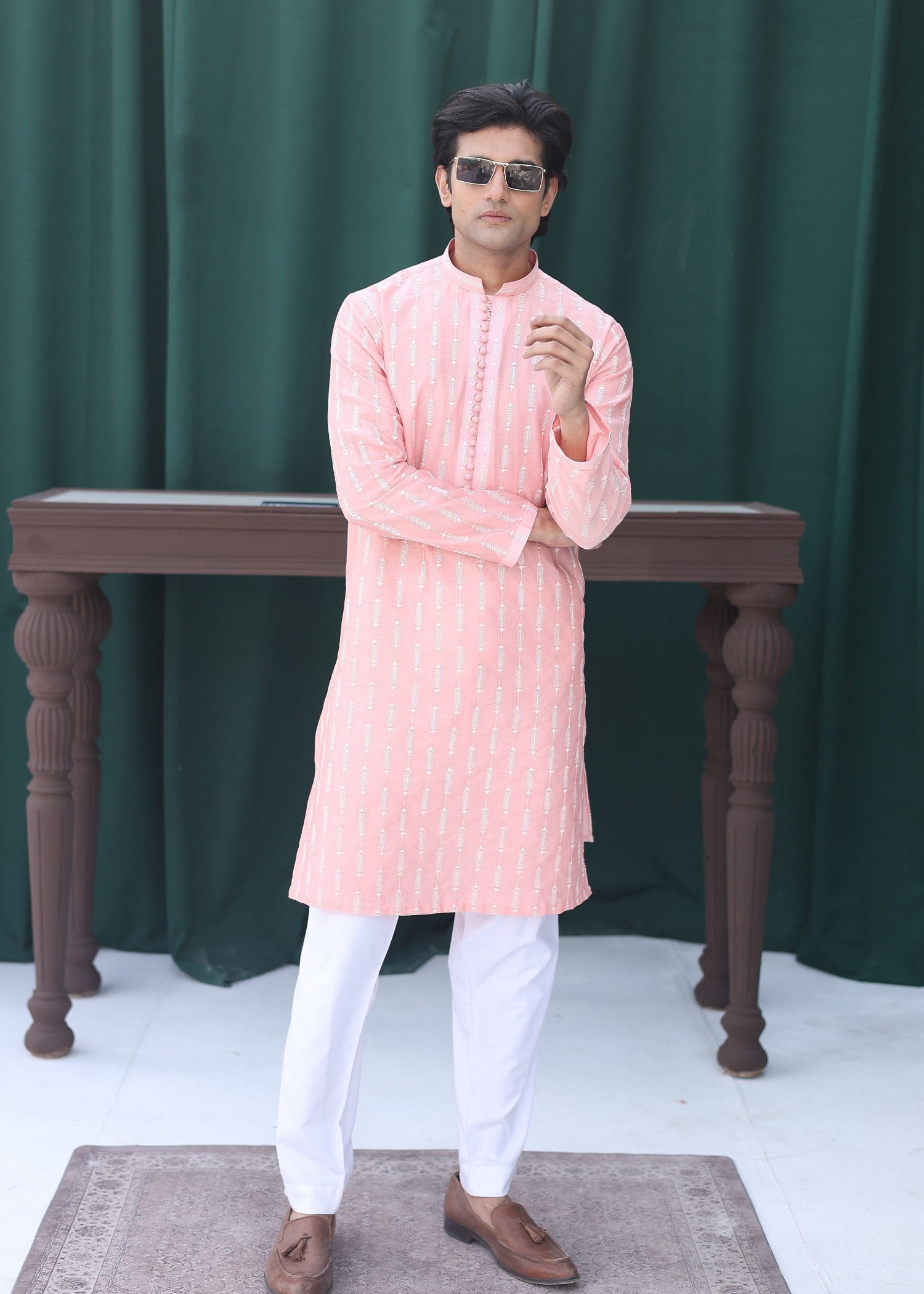 paper silk Kurta Set in Coral pink