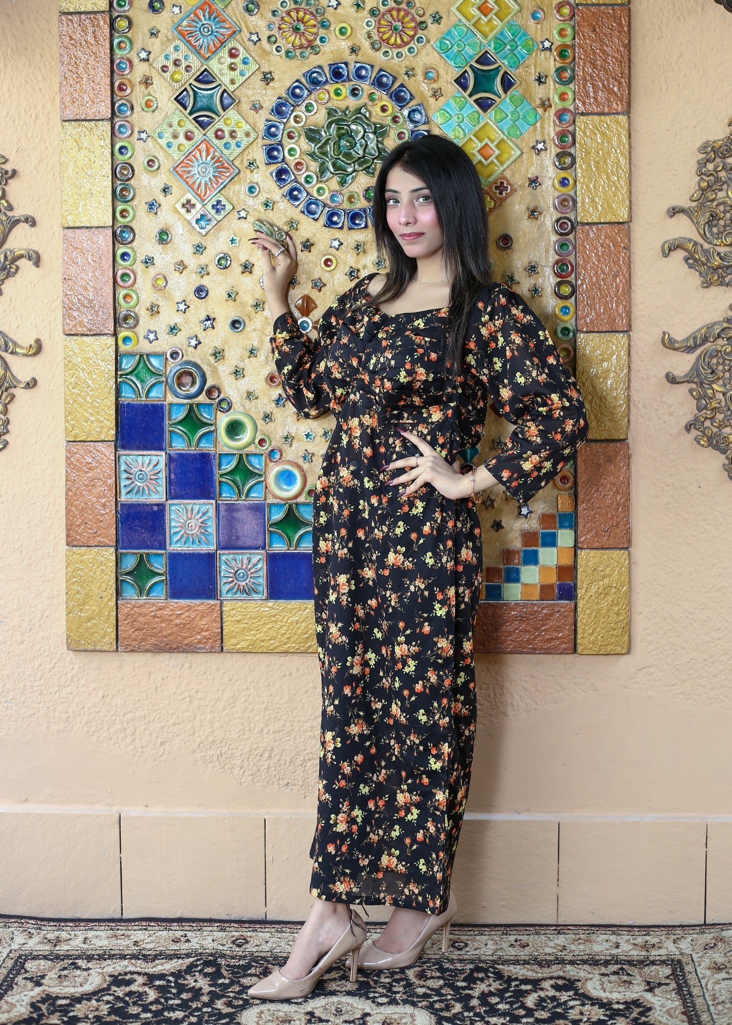 lawn cotton Dress in Smoke black