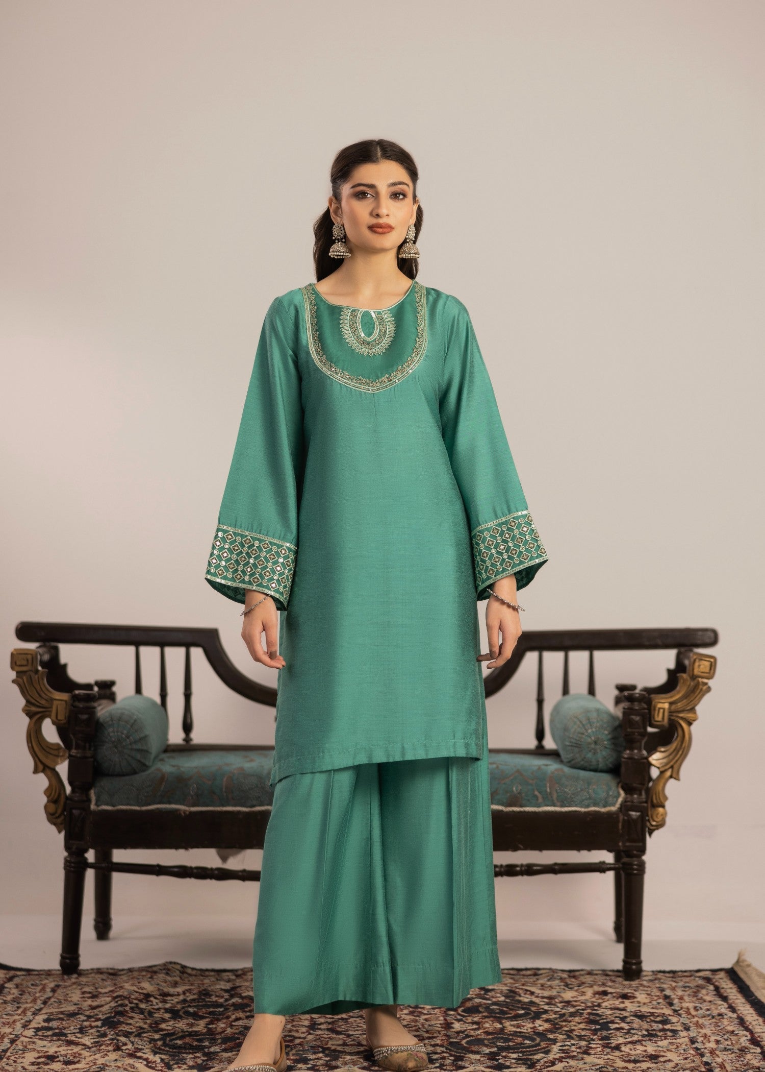 chambray Kurta Set in Aquamarine