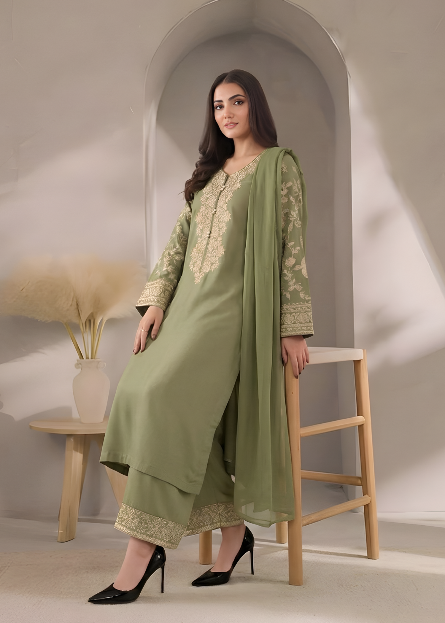 cambric Kurta Set in Sage green