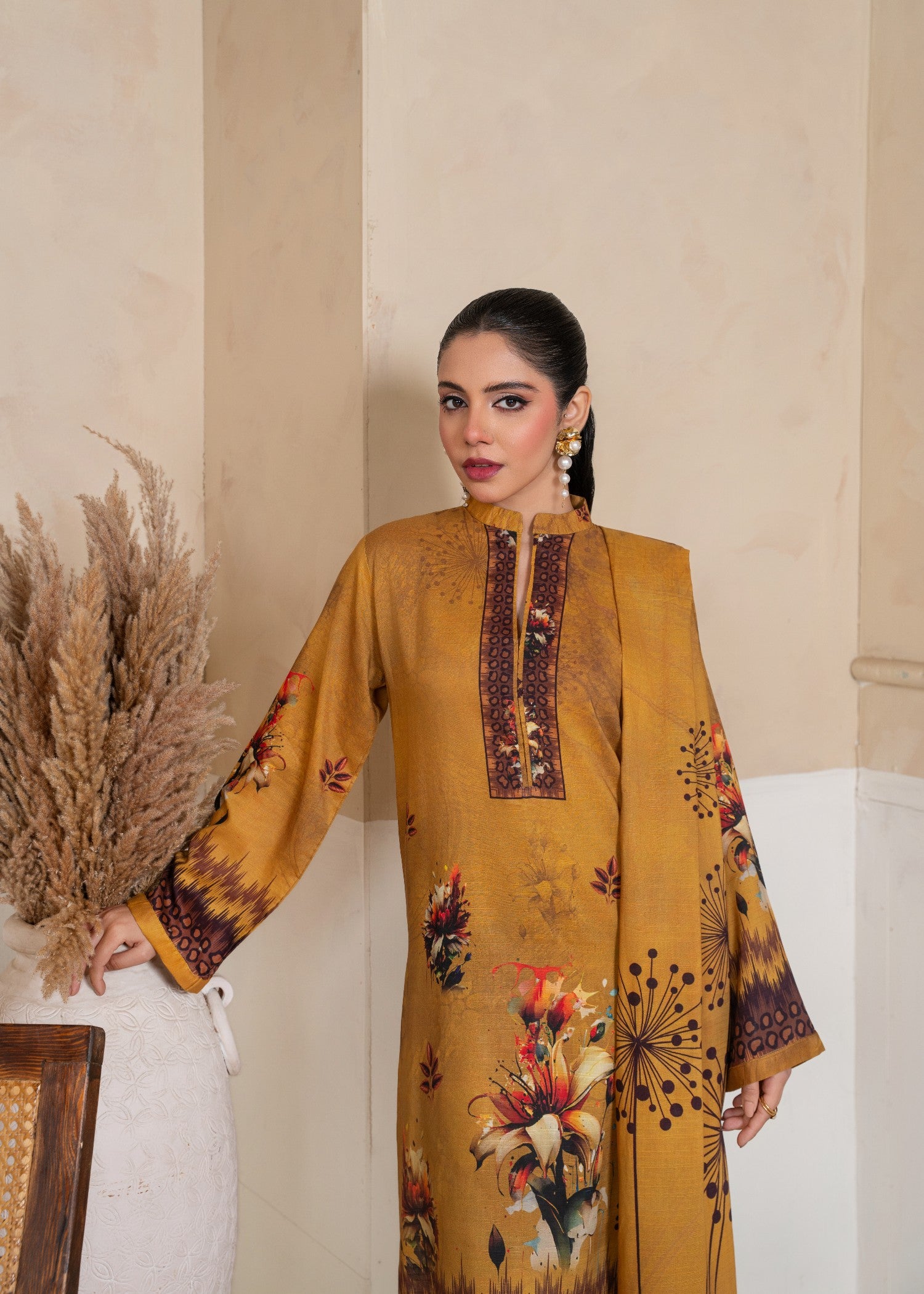 viscose linen Kurta Set in Yellow-orange