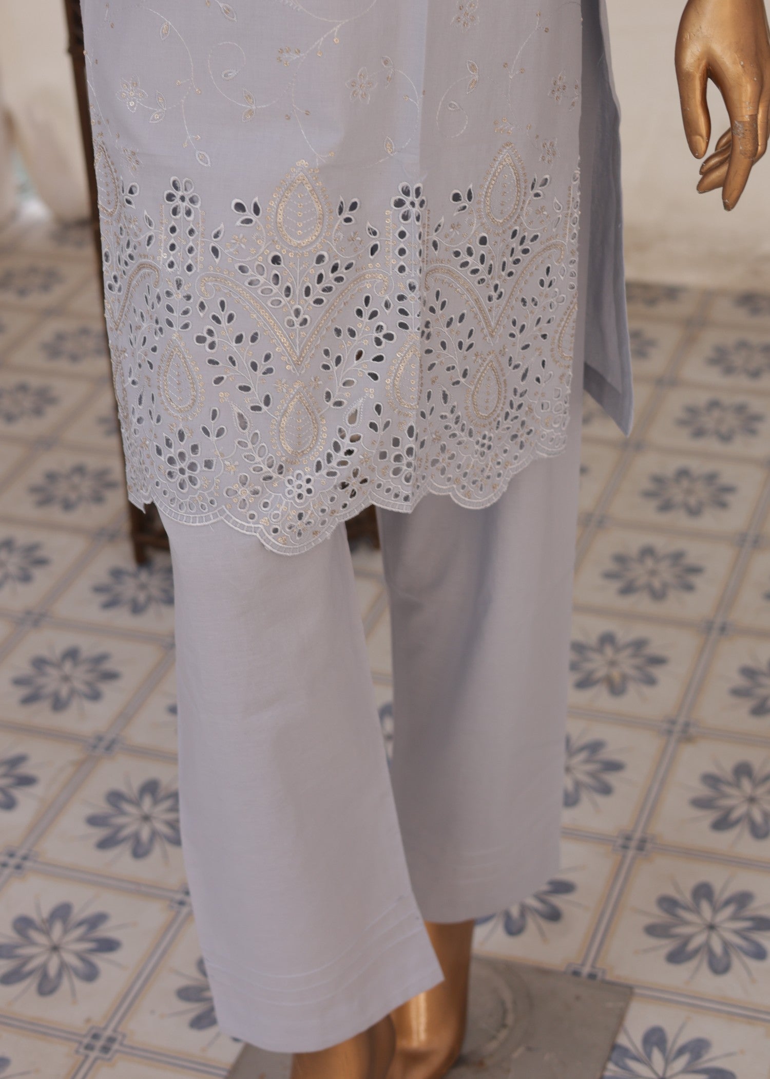 cambric Kurta Set in Pastel grey