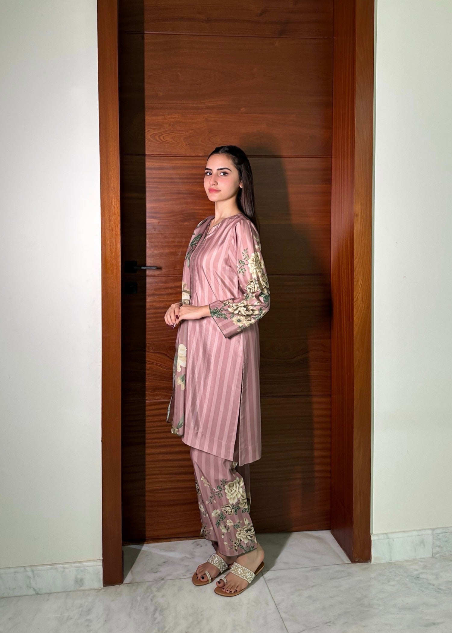 polyester crepe Kurta Set in Pink