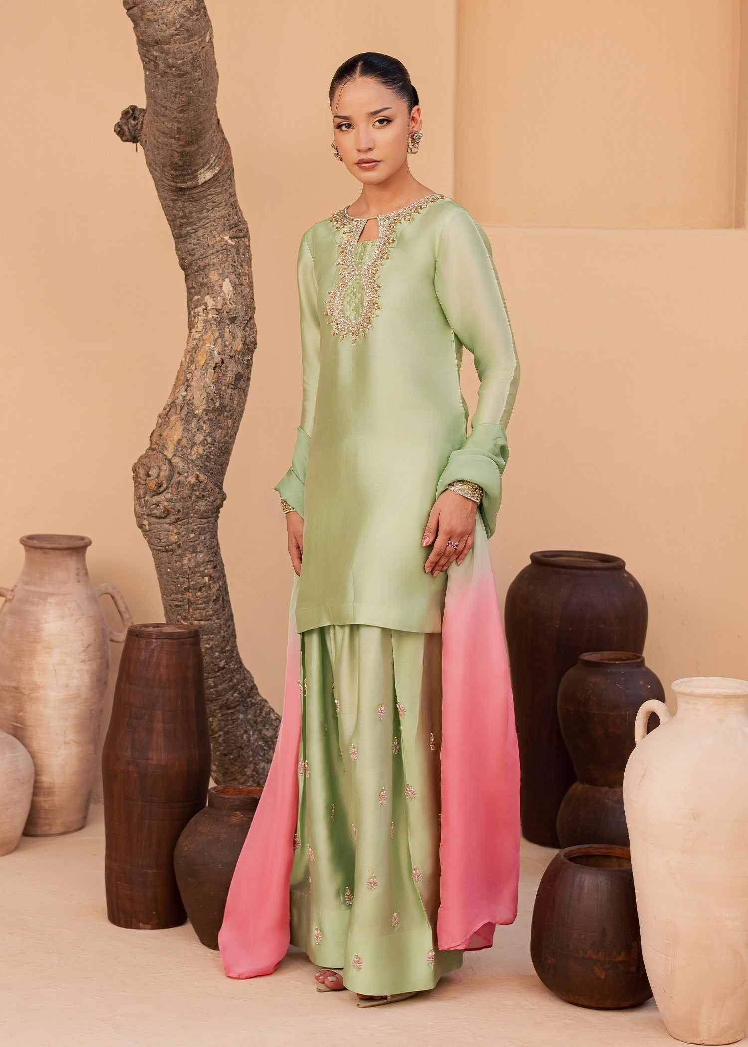 tussar silk Kurta Set in Mint green