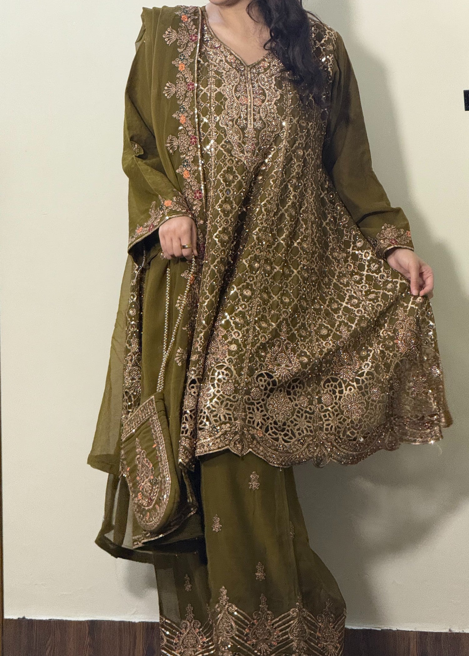 chiffon Short Frock in Olive green
