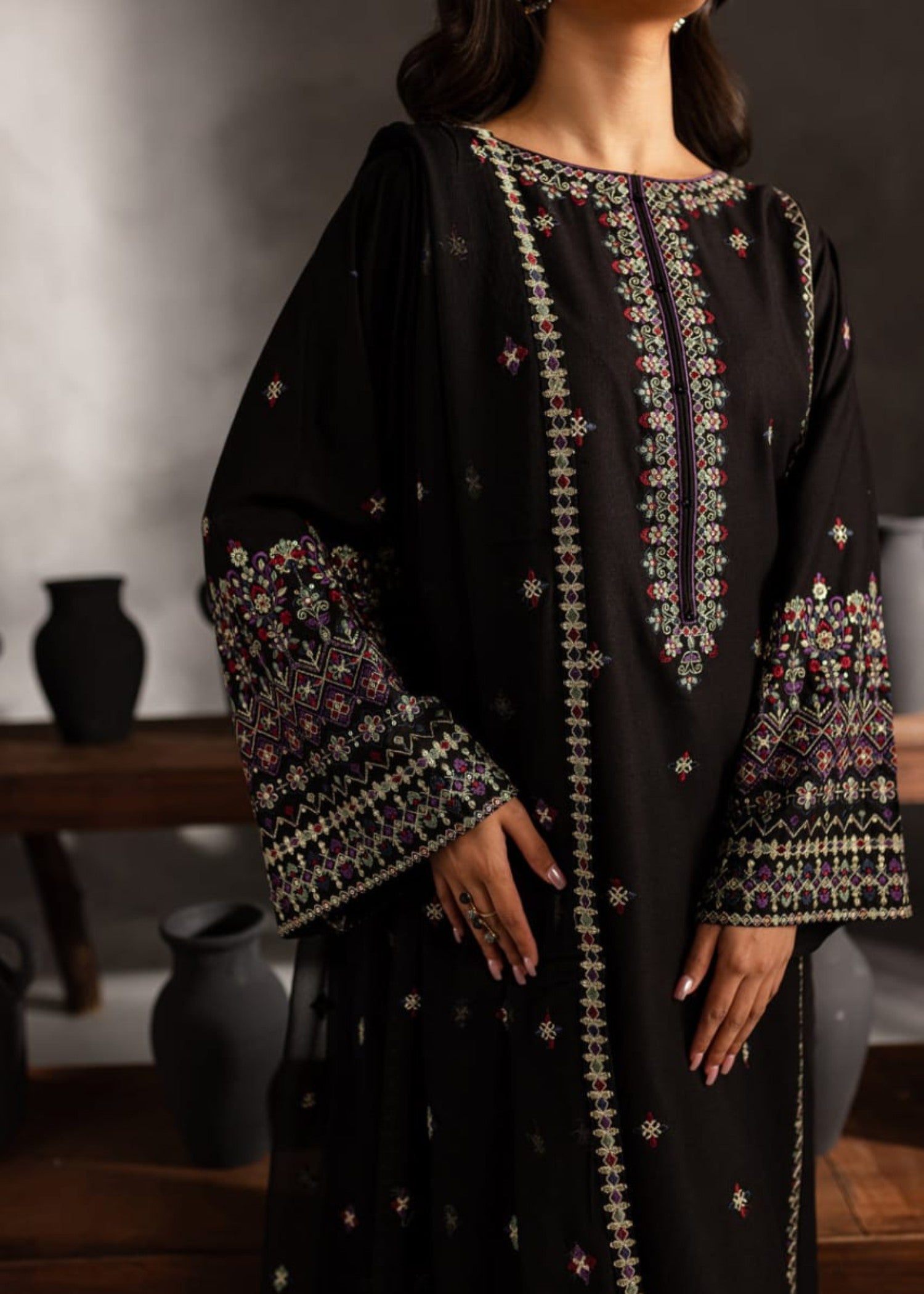 linen Kurta Set in Black
