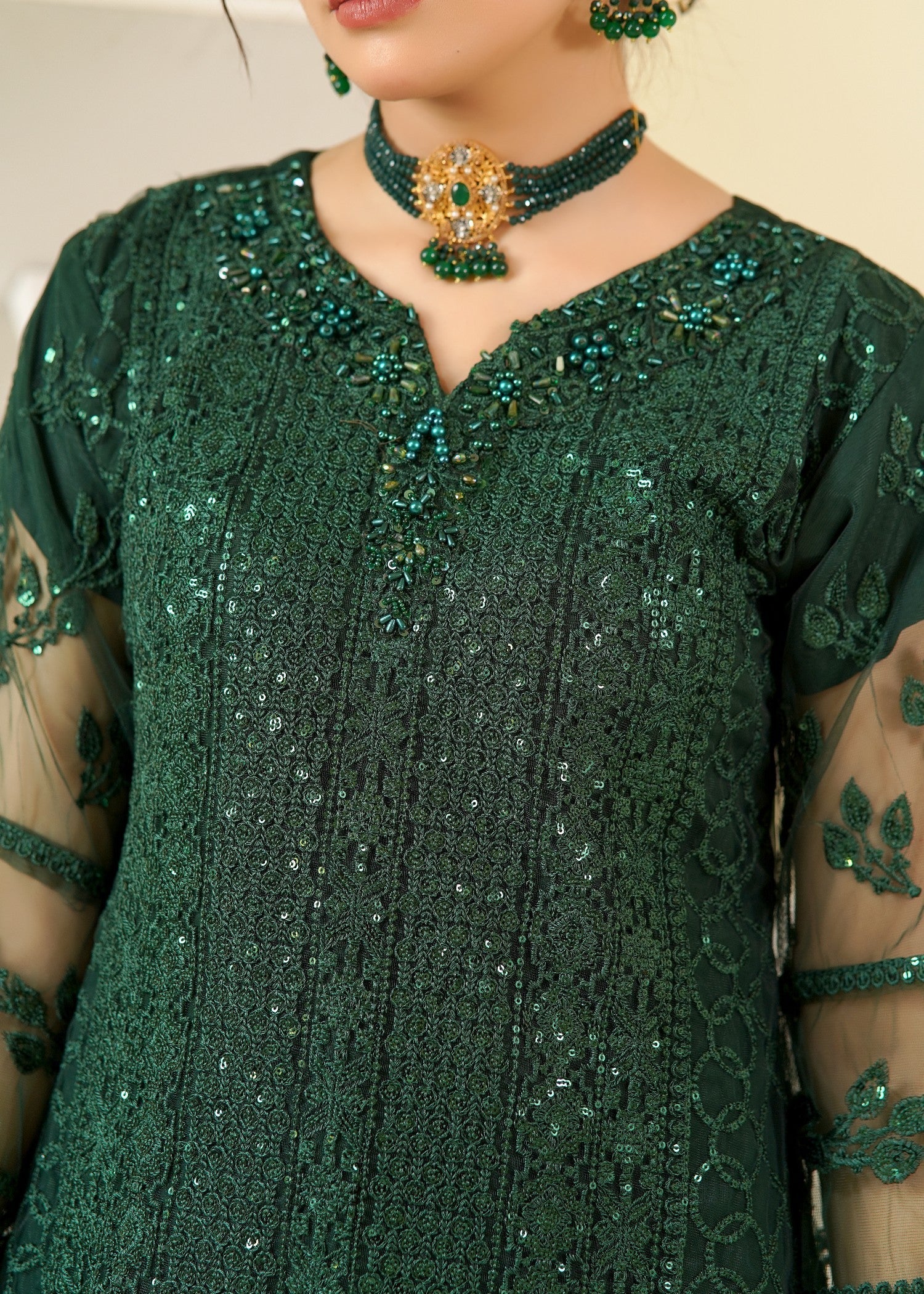 net Kurta Set in Green