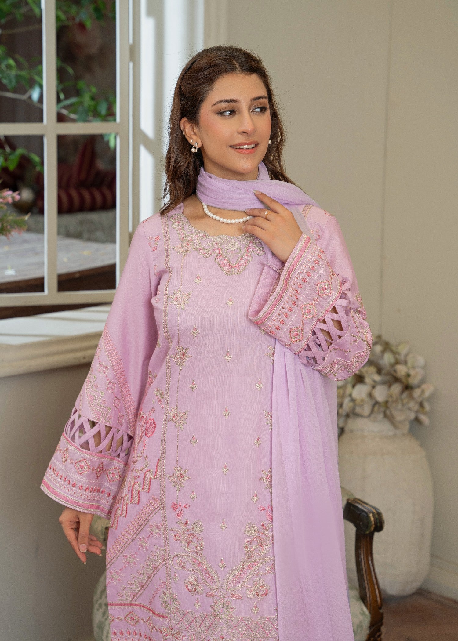 ribbed lawn Kurta Set in Cotton candy