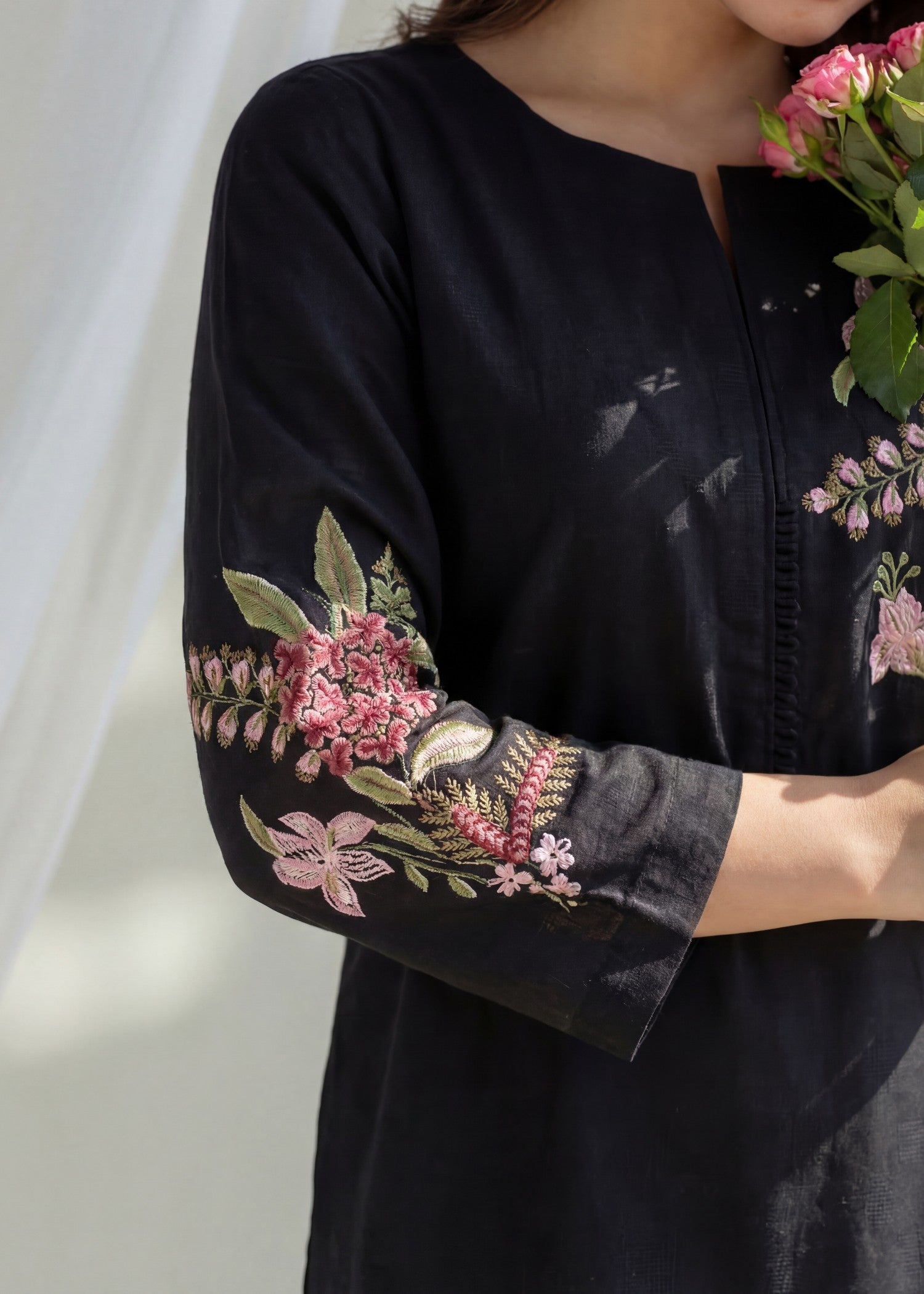 textured lawn Kurta Set in Black