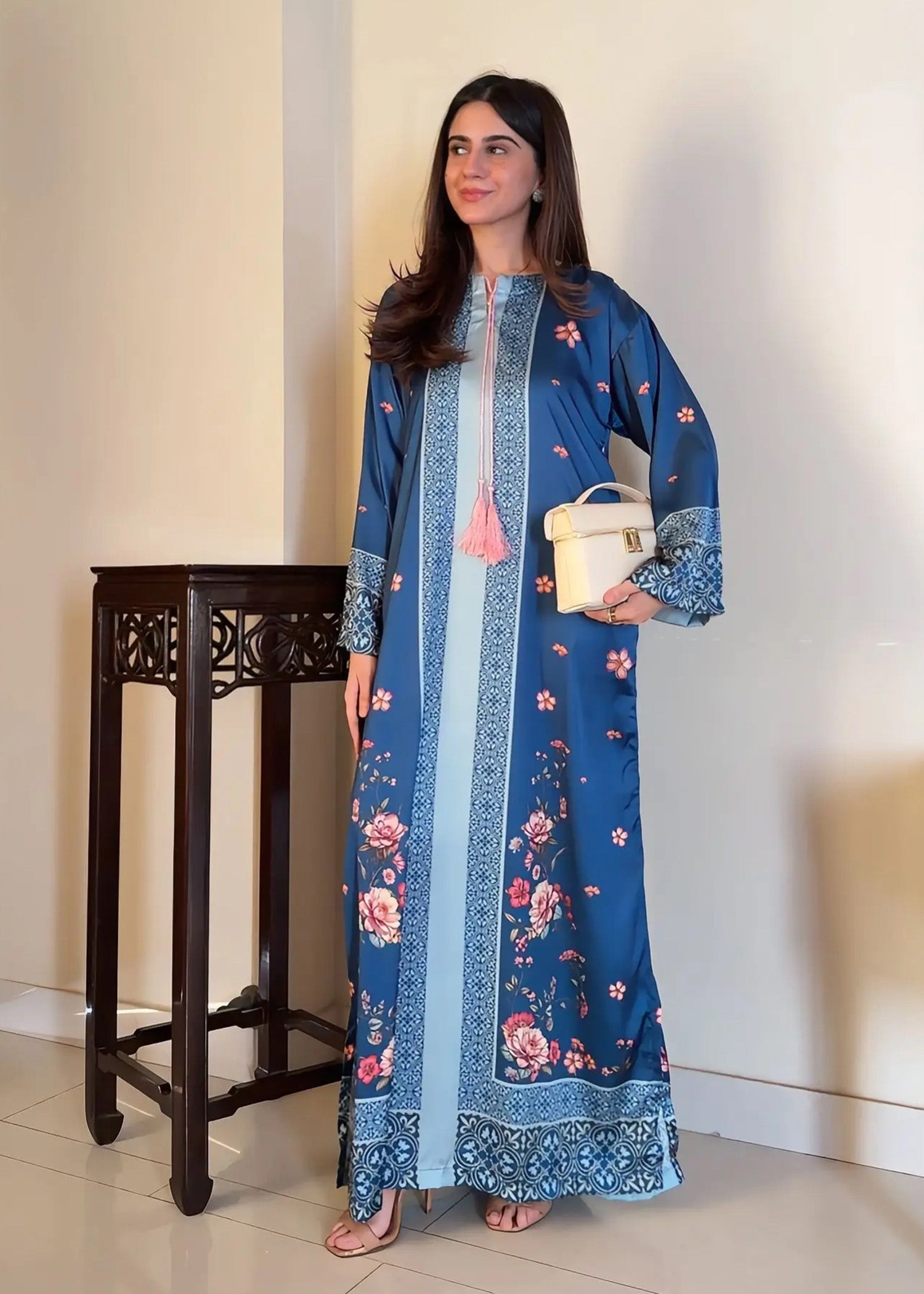 satin silk Kaftan in Ocean blue