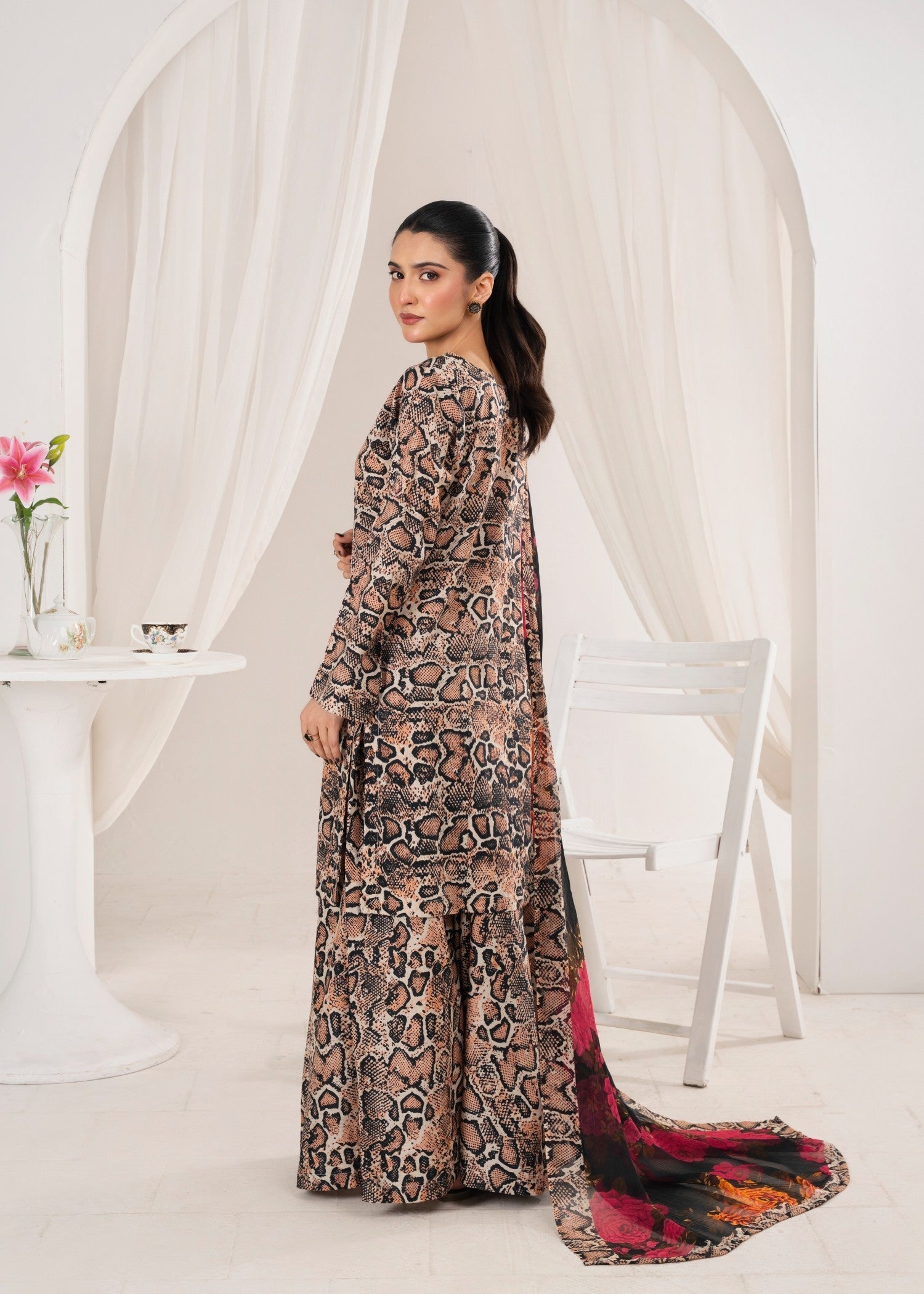 lawn Sharara in Tan brown