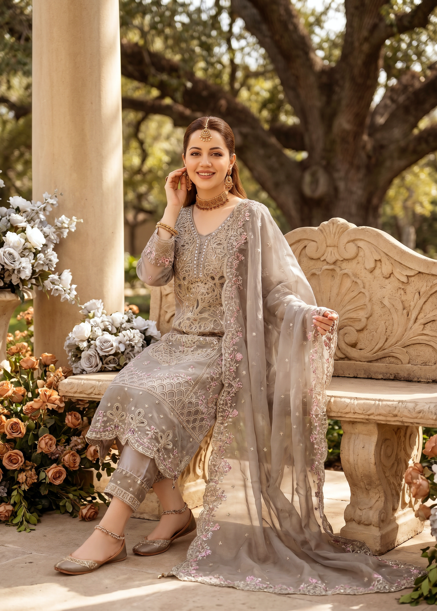 net Kurta Set in Earth brown