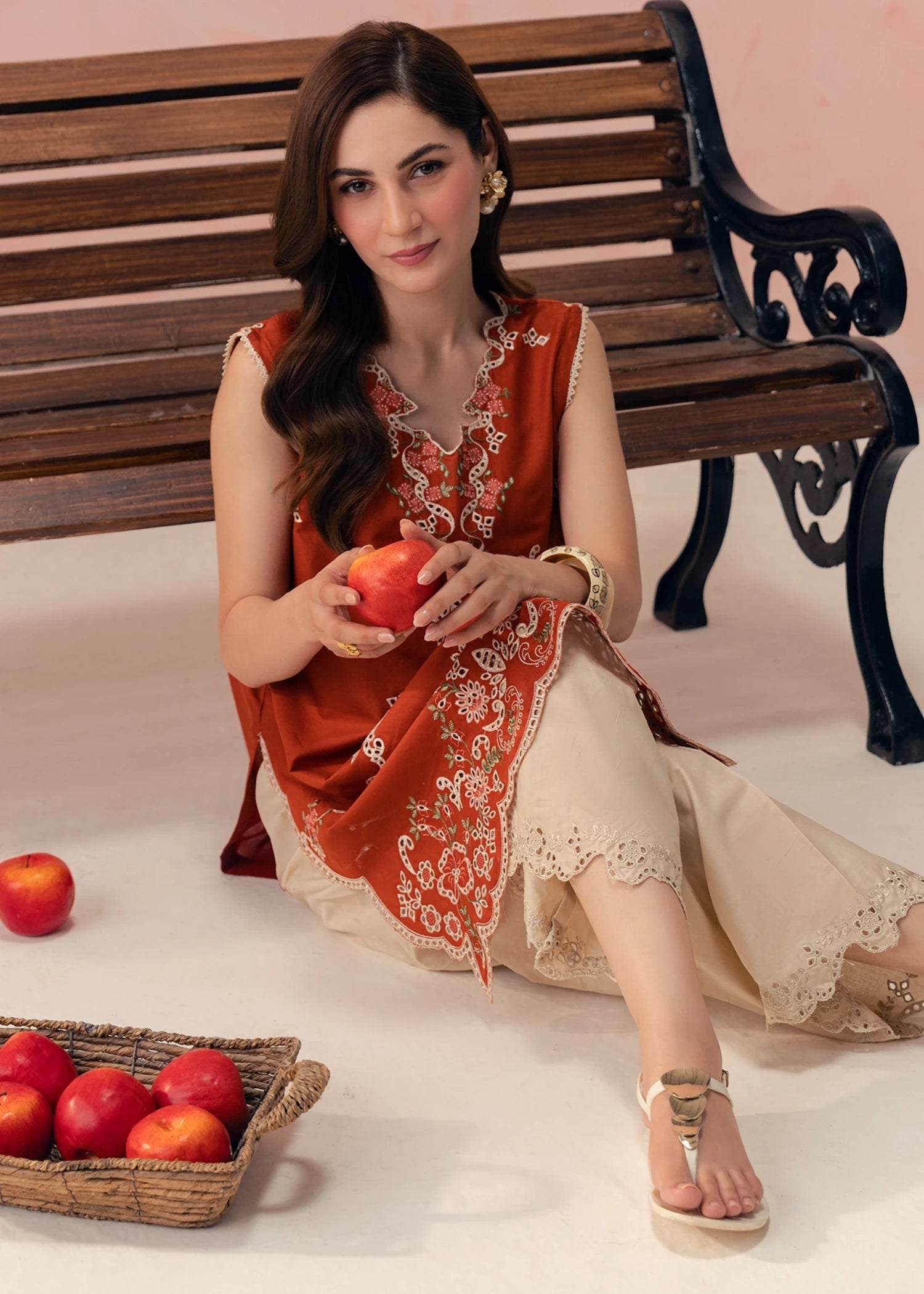 lawn cotton Kurta Set in Rust red