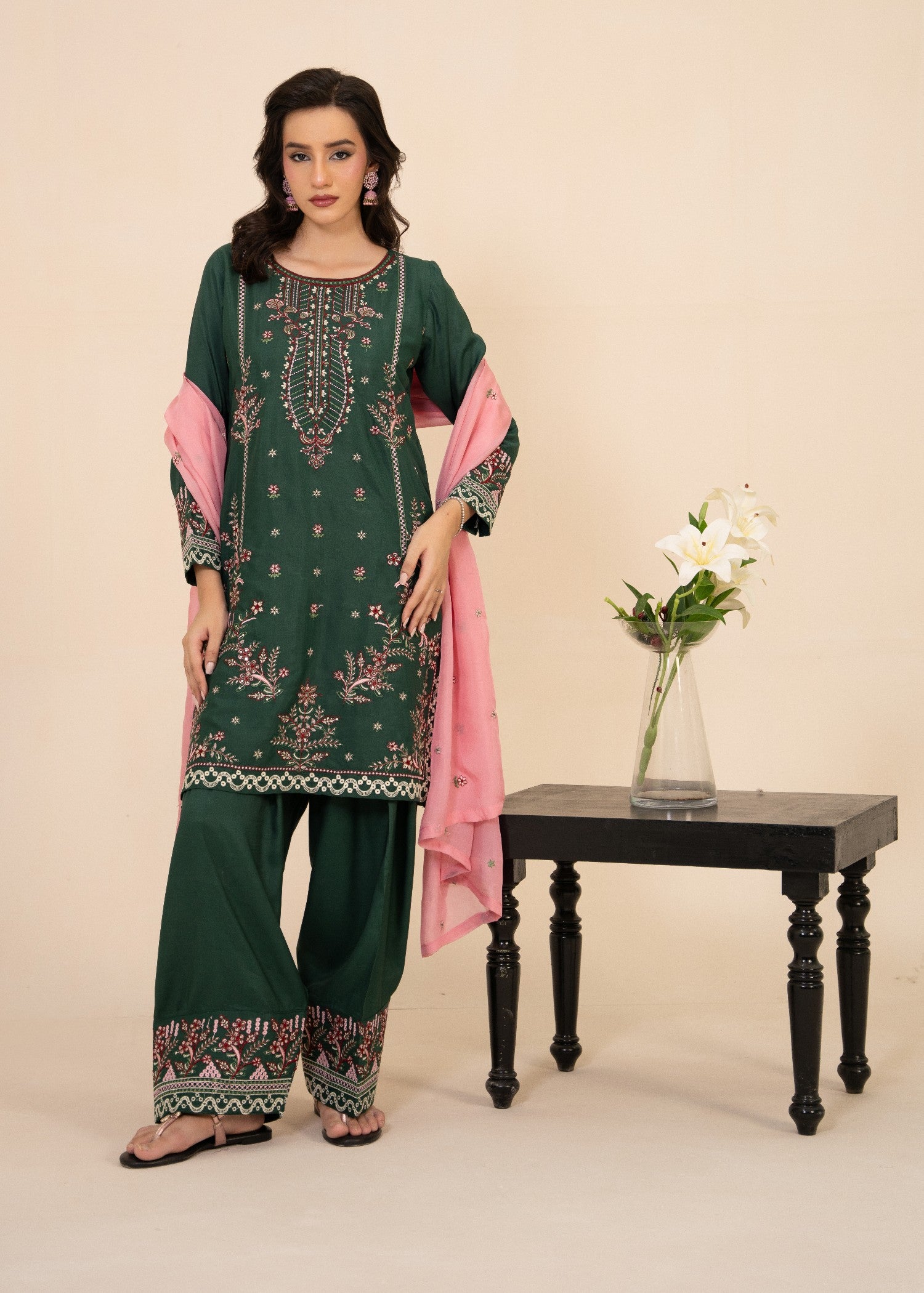 raw silk Kurta Set in Bottle green