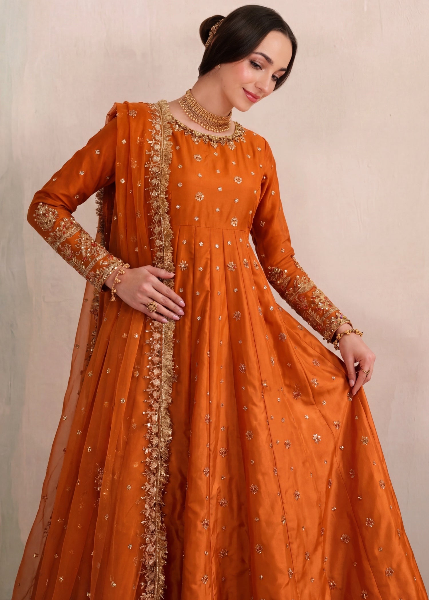 silk Pishwas in Rust orange