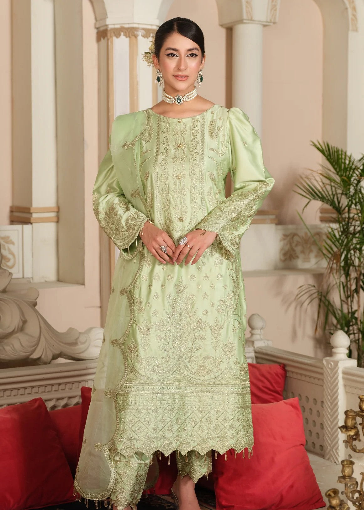 poly silk Kurta Set in Pistachio green