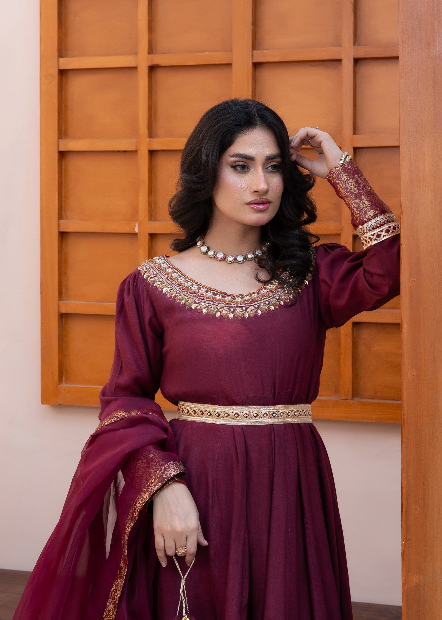 raw silk Maxi in Maroon