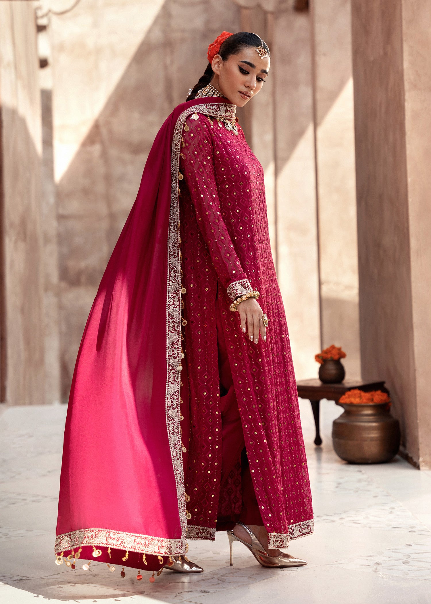 chiffon Kurta Set in Fire red