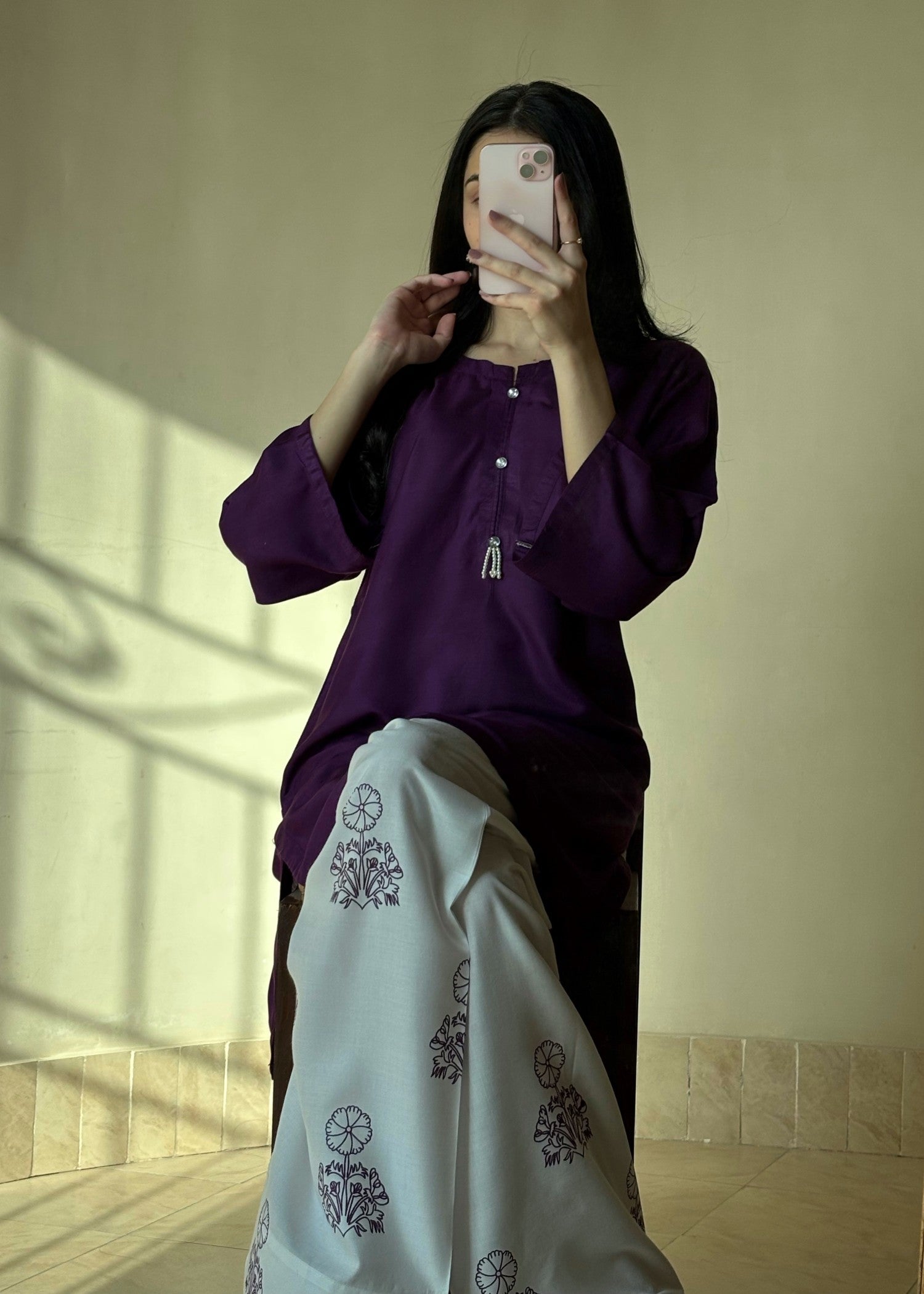 linen Kurta Set in White, purple