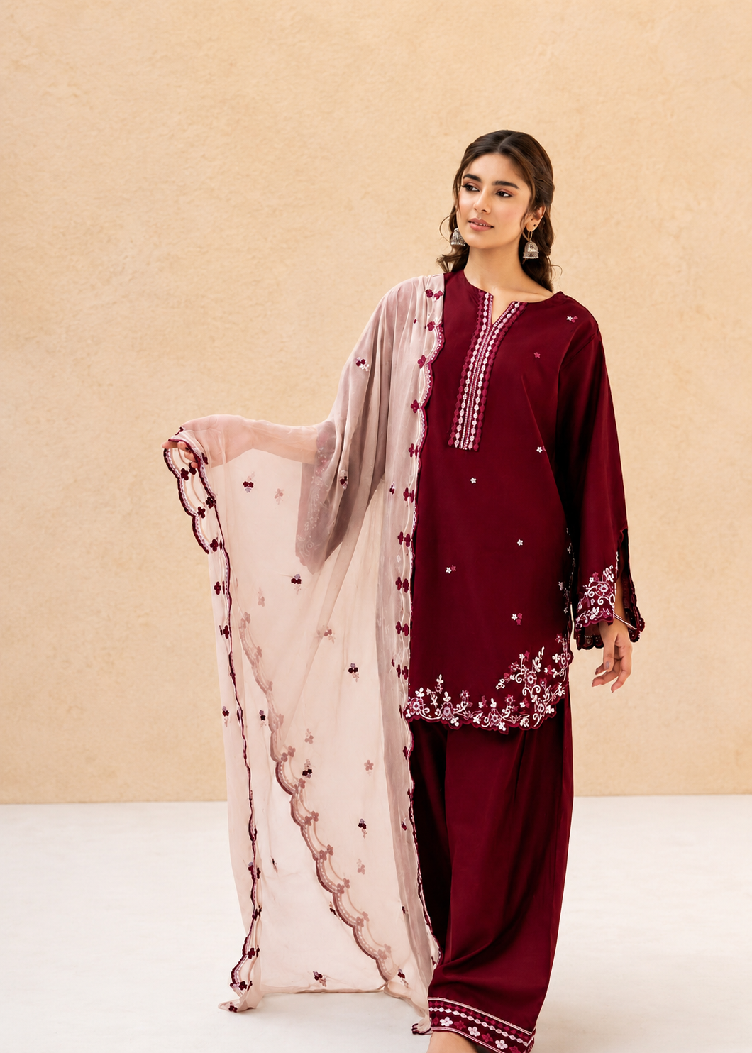 lawn cotton Kurta Set in Maroon