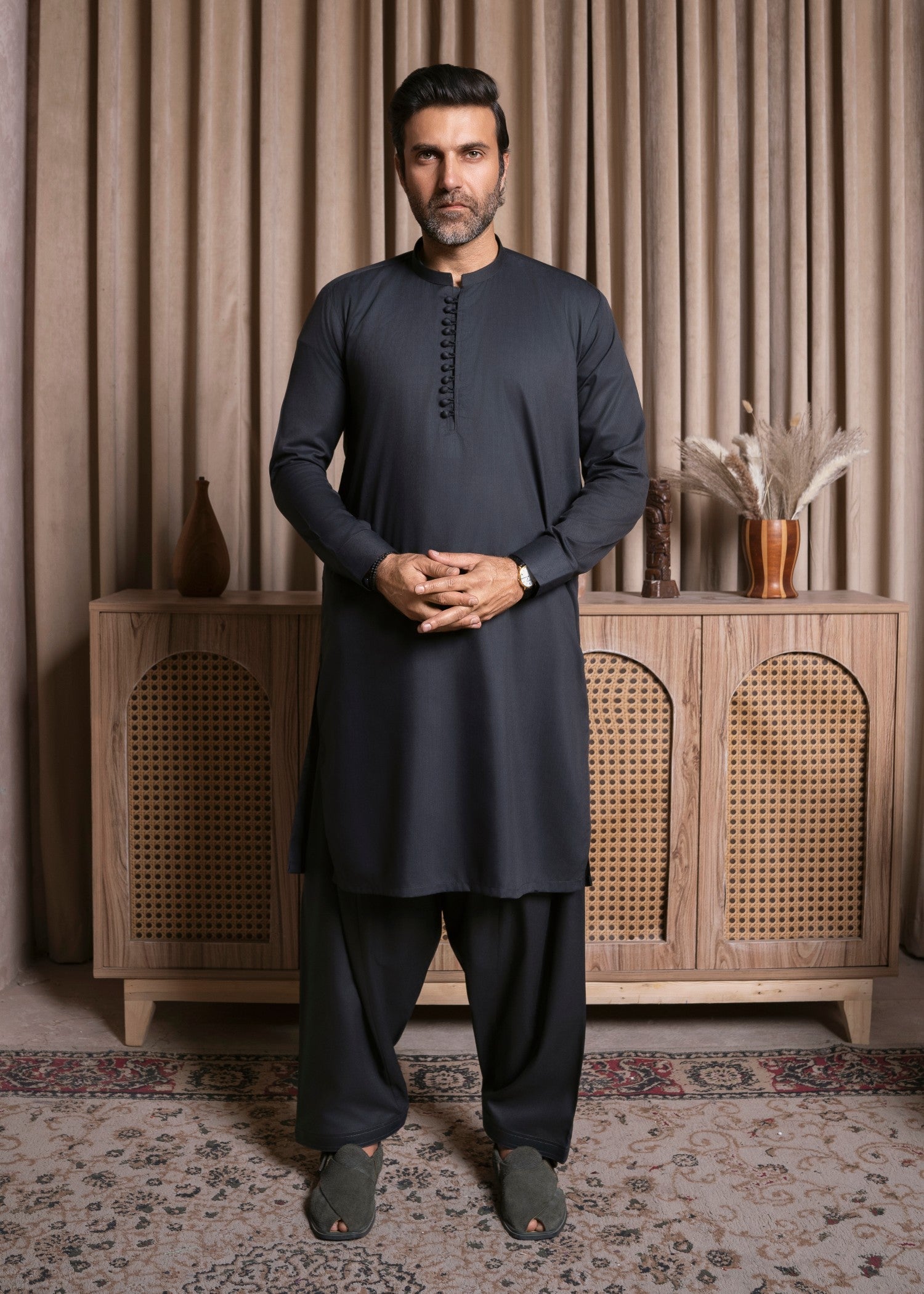 wash & wear Shalwar Kameez in Charcoal black by Safari Club