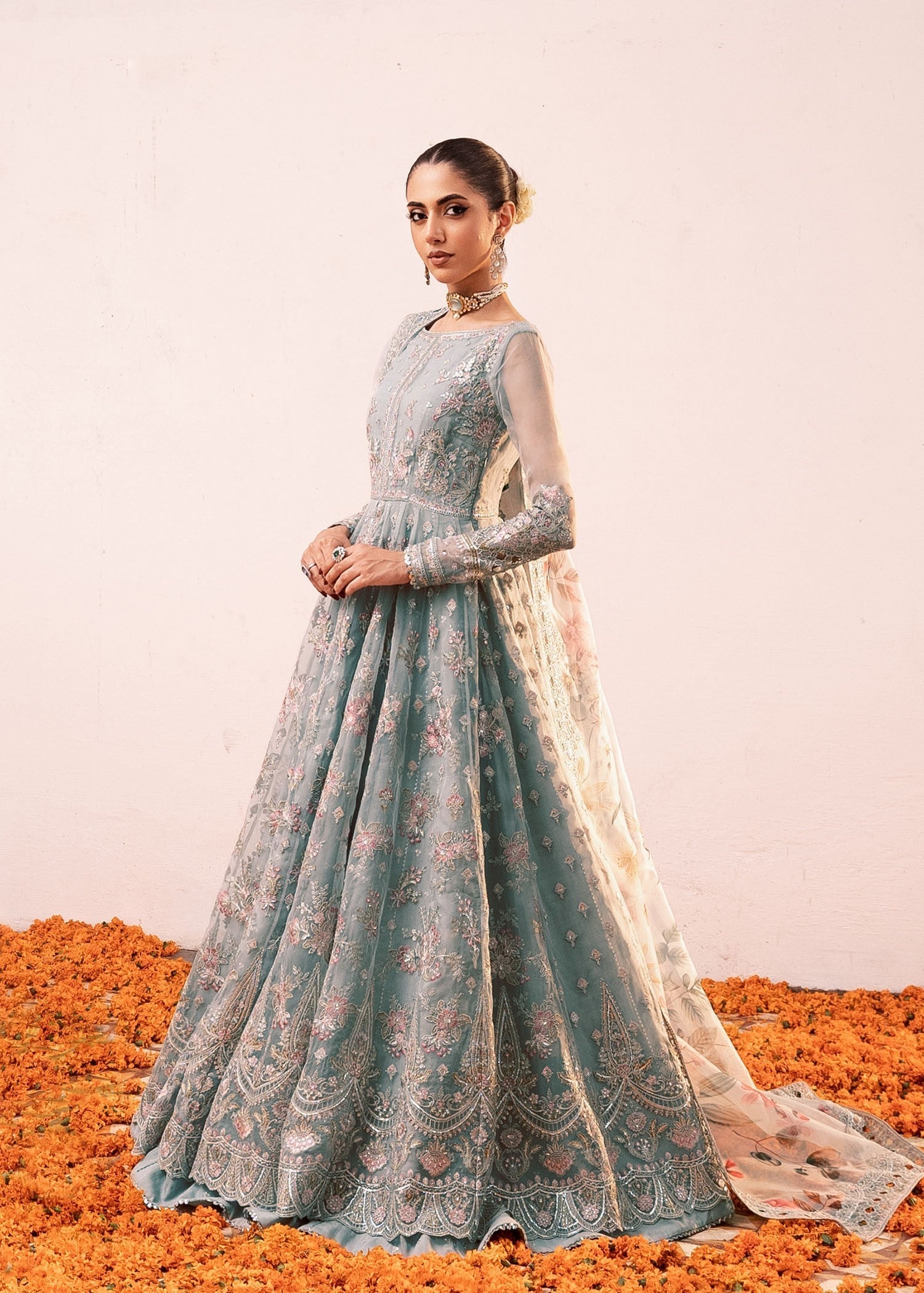 organza Pishwas in Ice blue