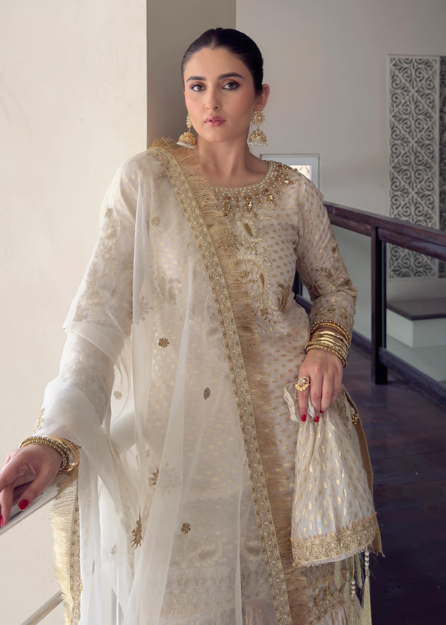 zari organza Gharara in White