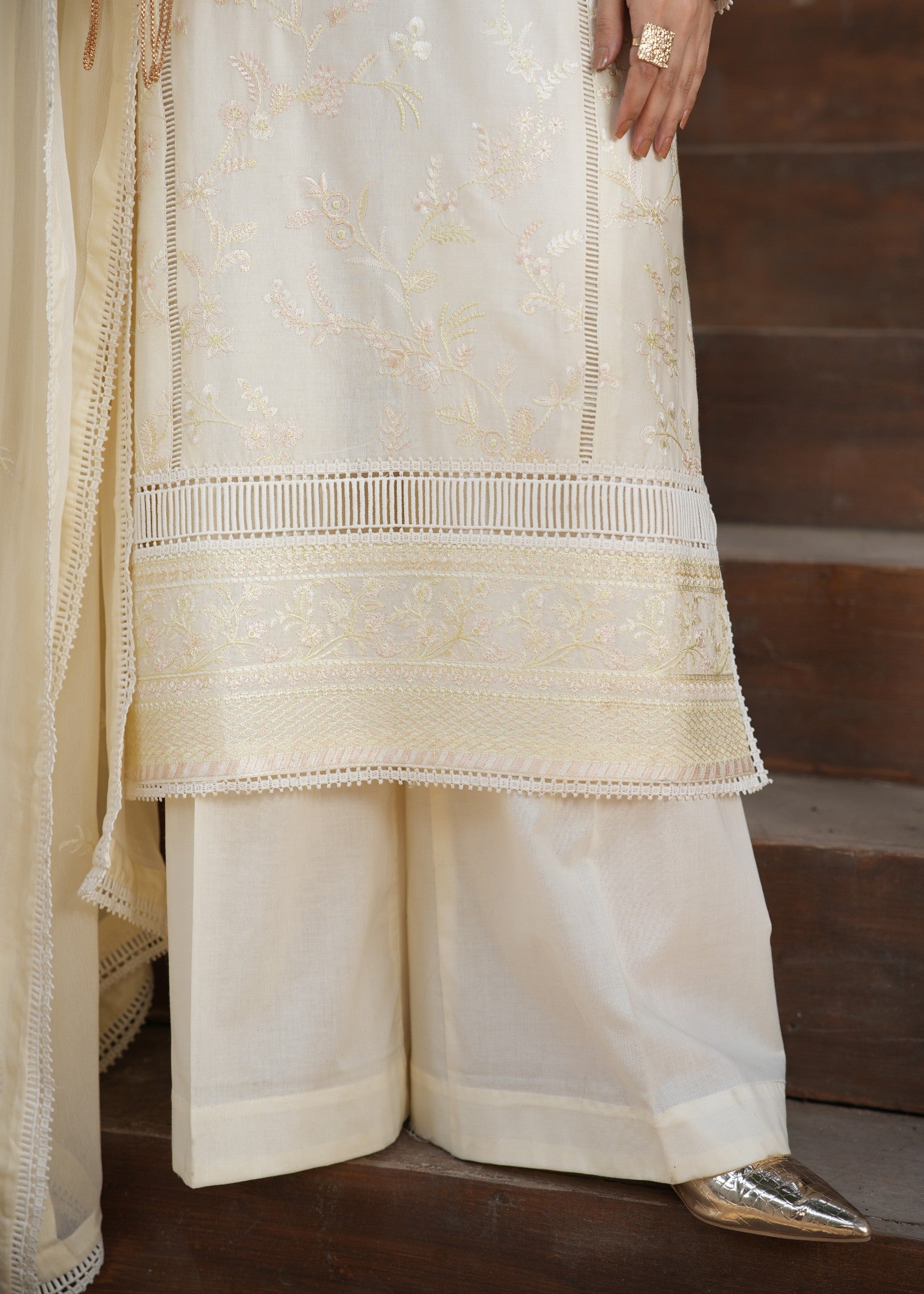 lawn Kurta Set in Off-white, goldfish orange