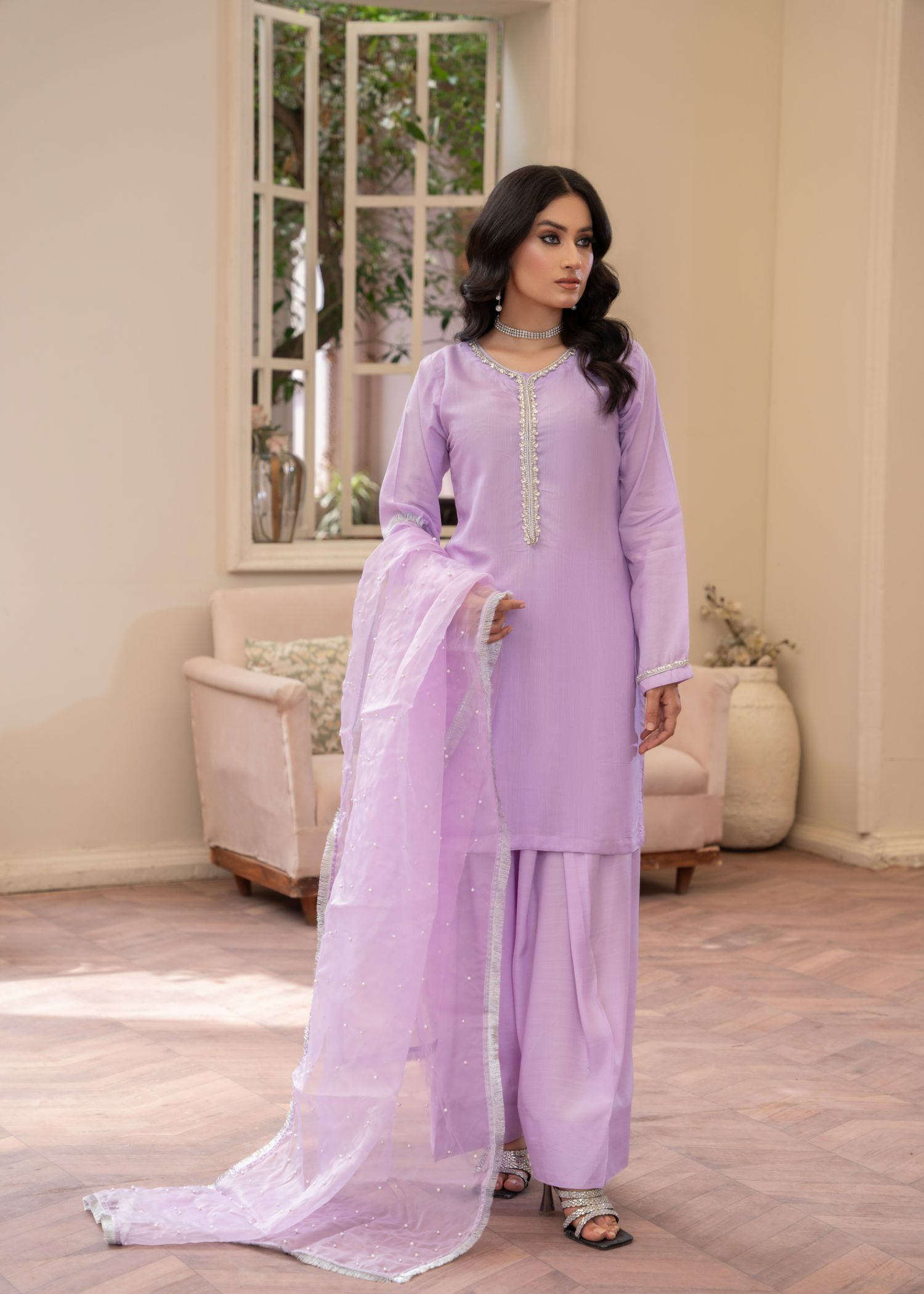 viscose thai silk Kurta Set in Lavender mist