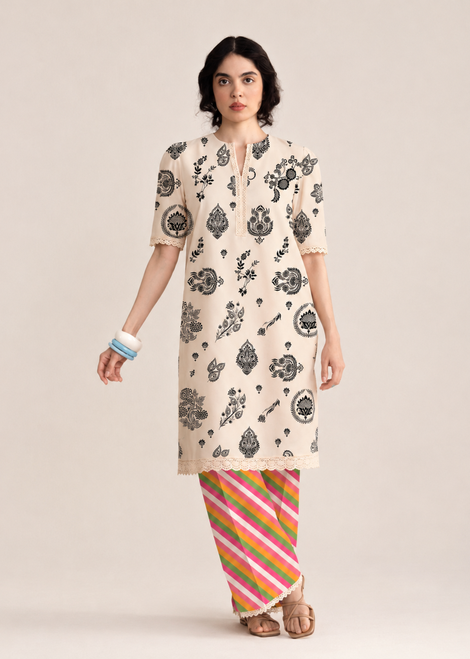 lawn Unstitched in Beige, multi