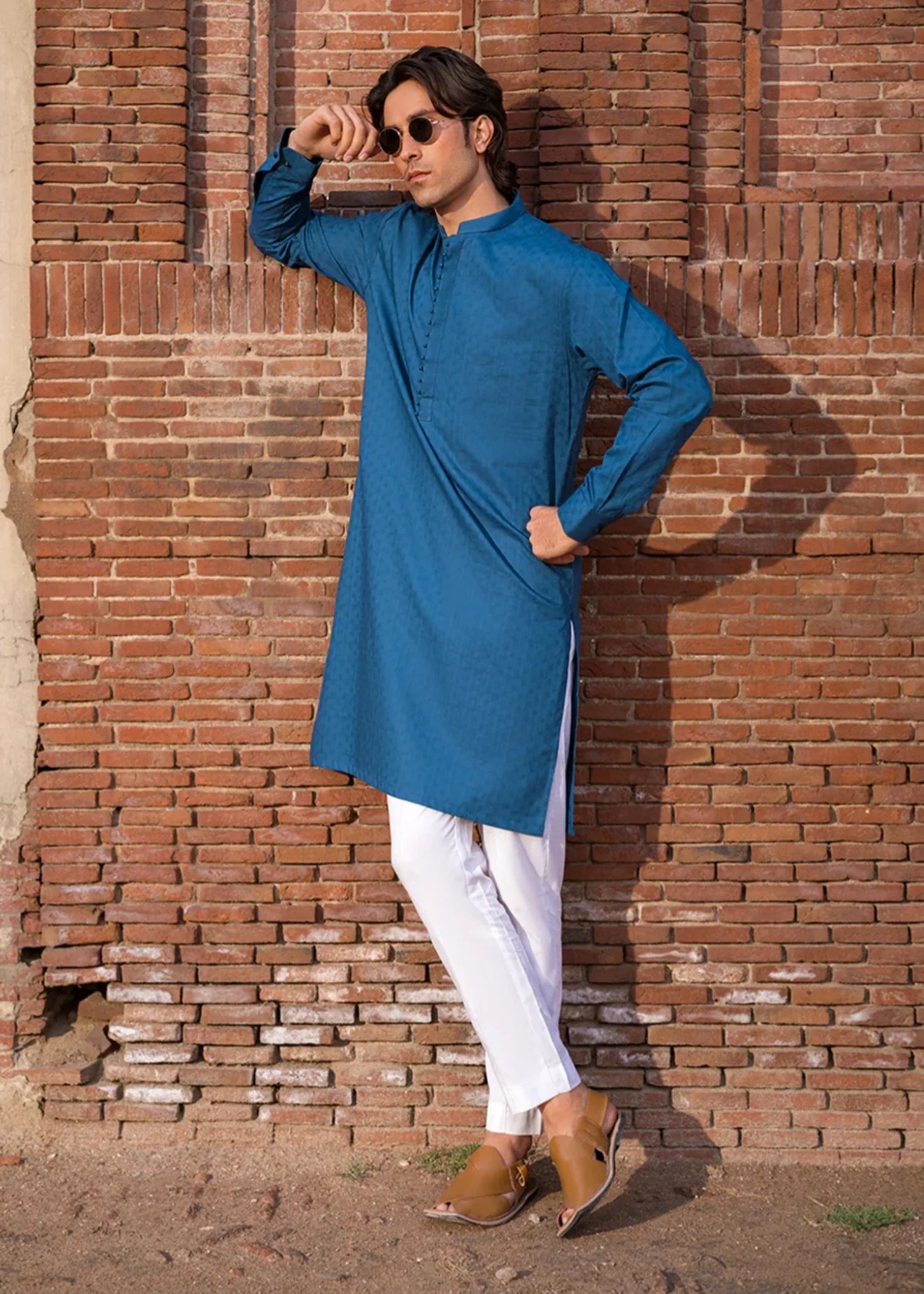 cotton jacquard Kurta in Teal