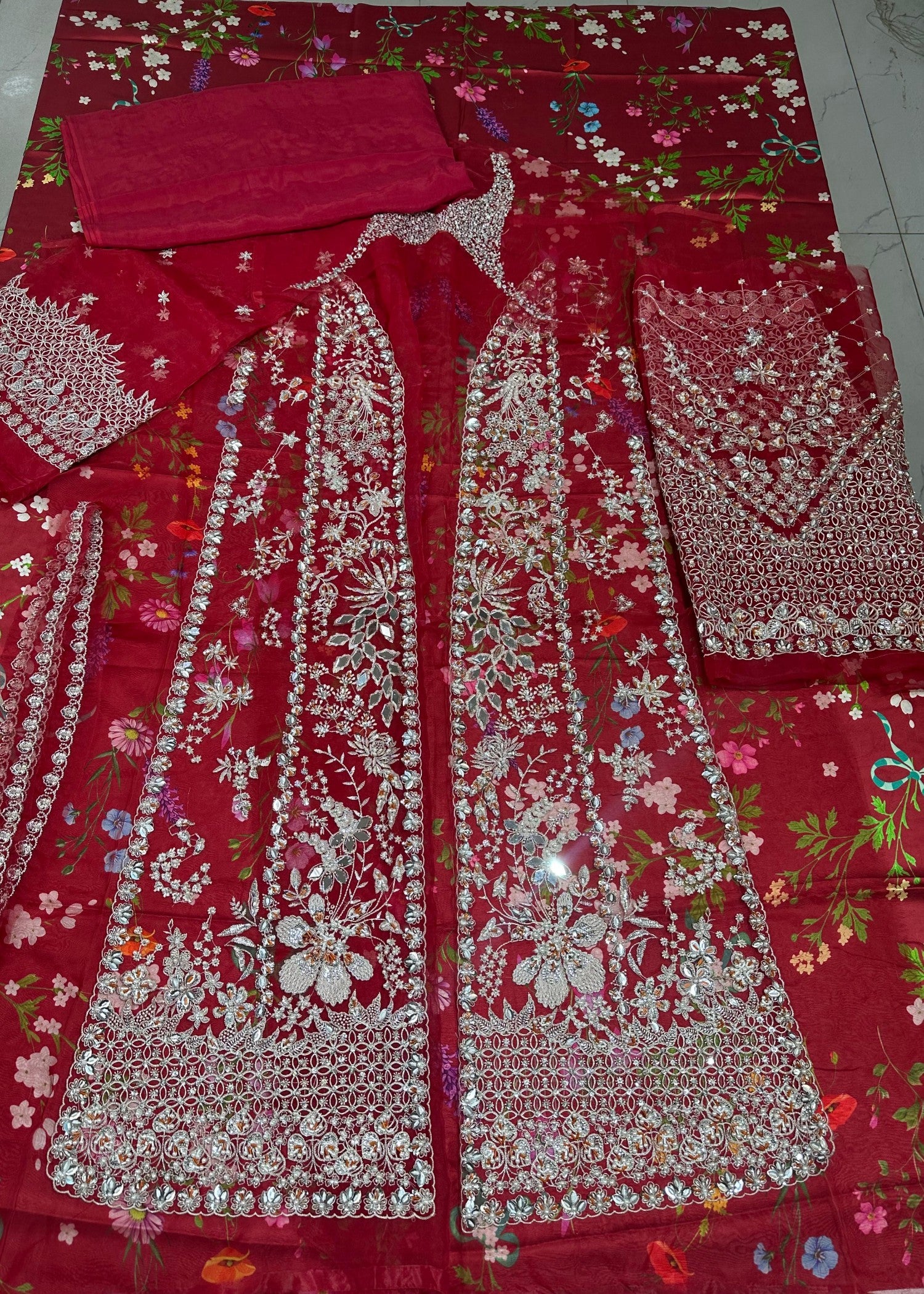 organza Unstitched in Blood red, maroon