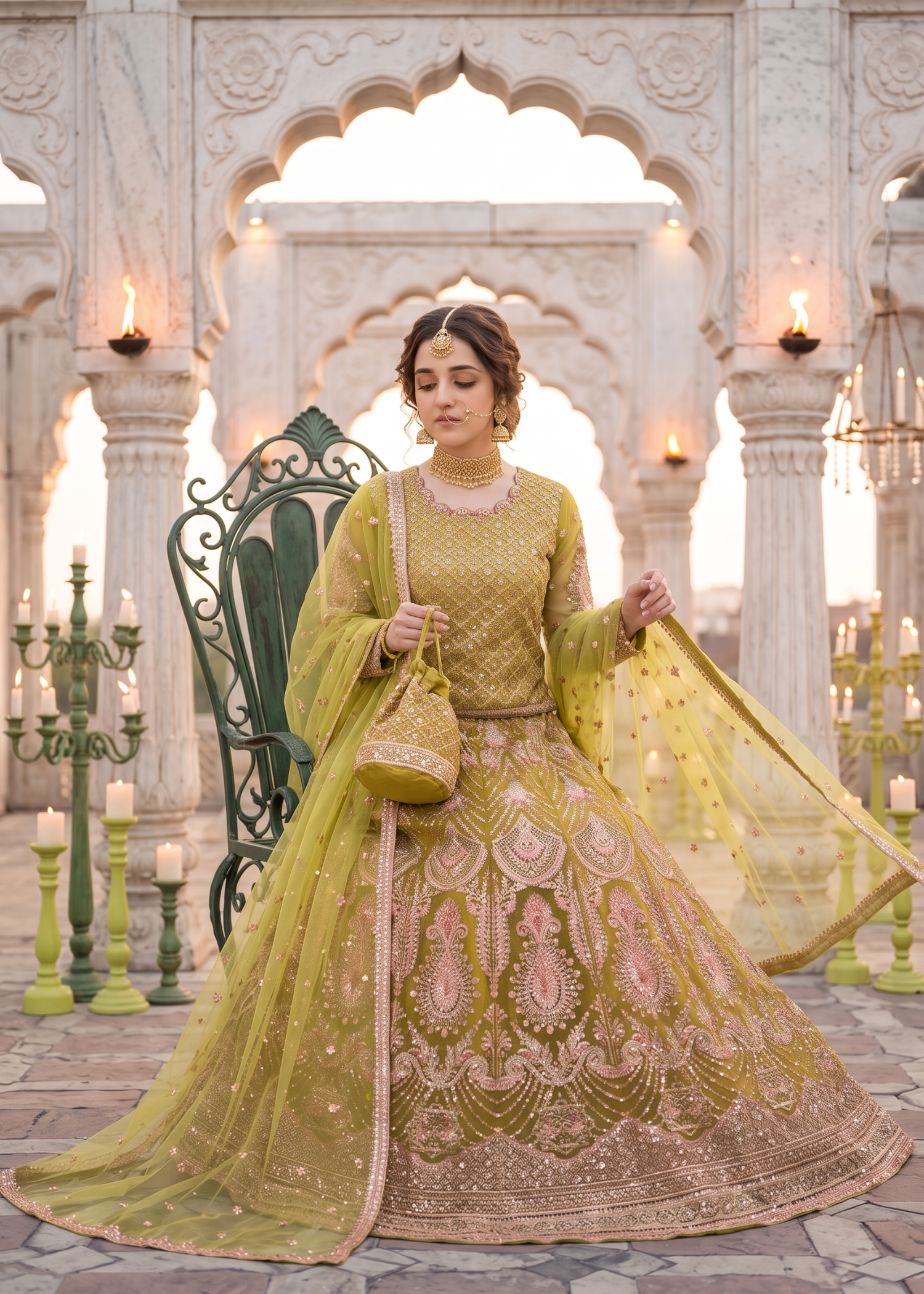net Lehenga in Pink, pear