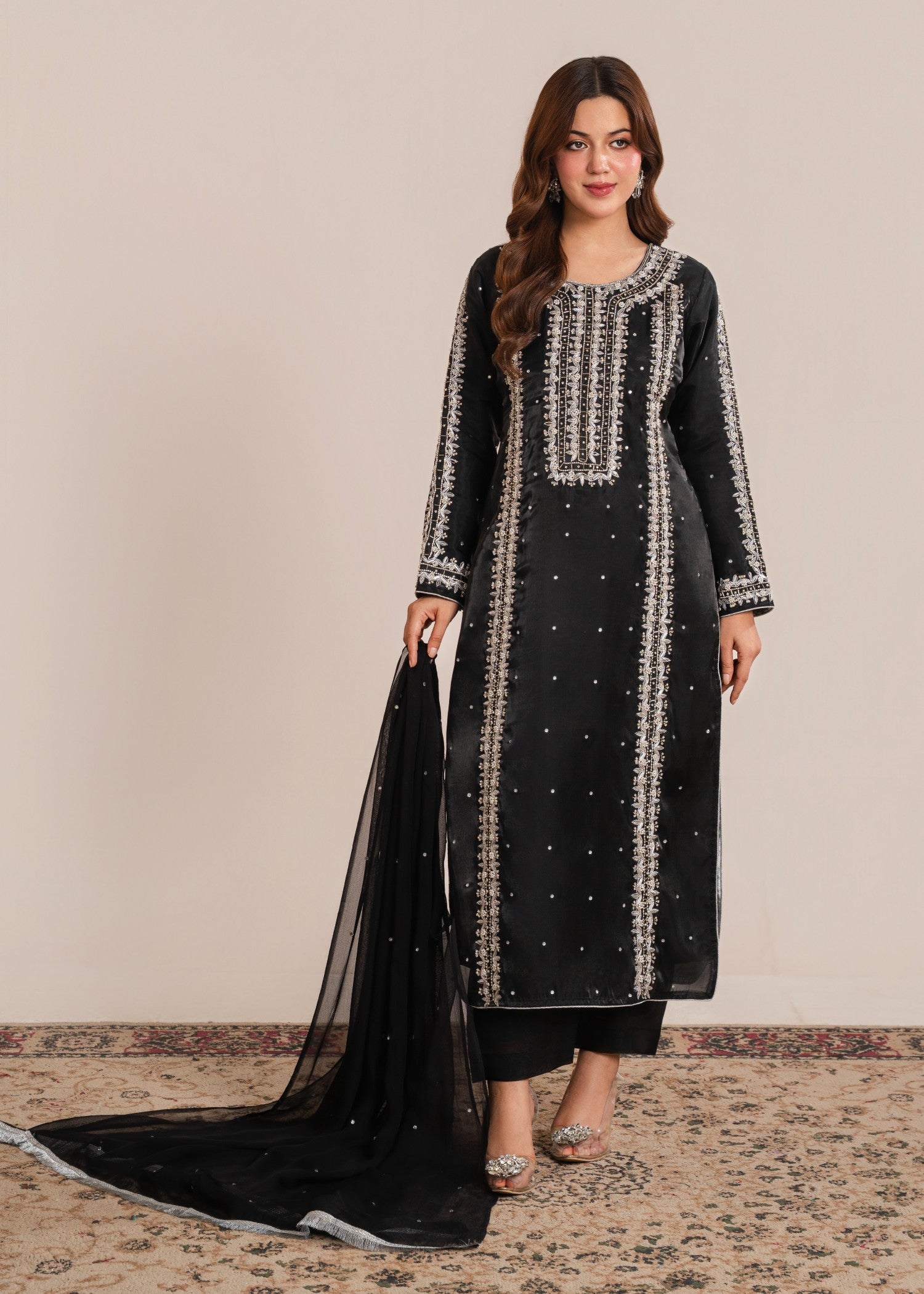 satin silk Kurta Set in Black