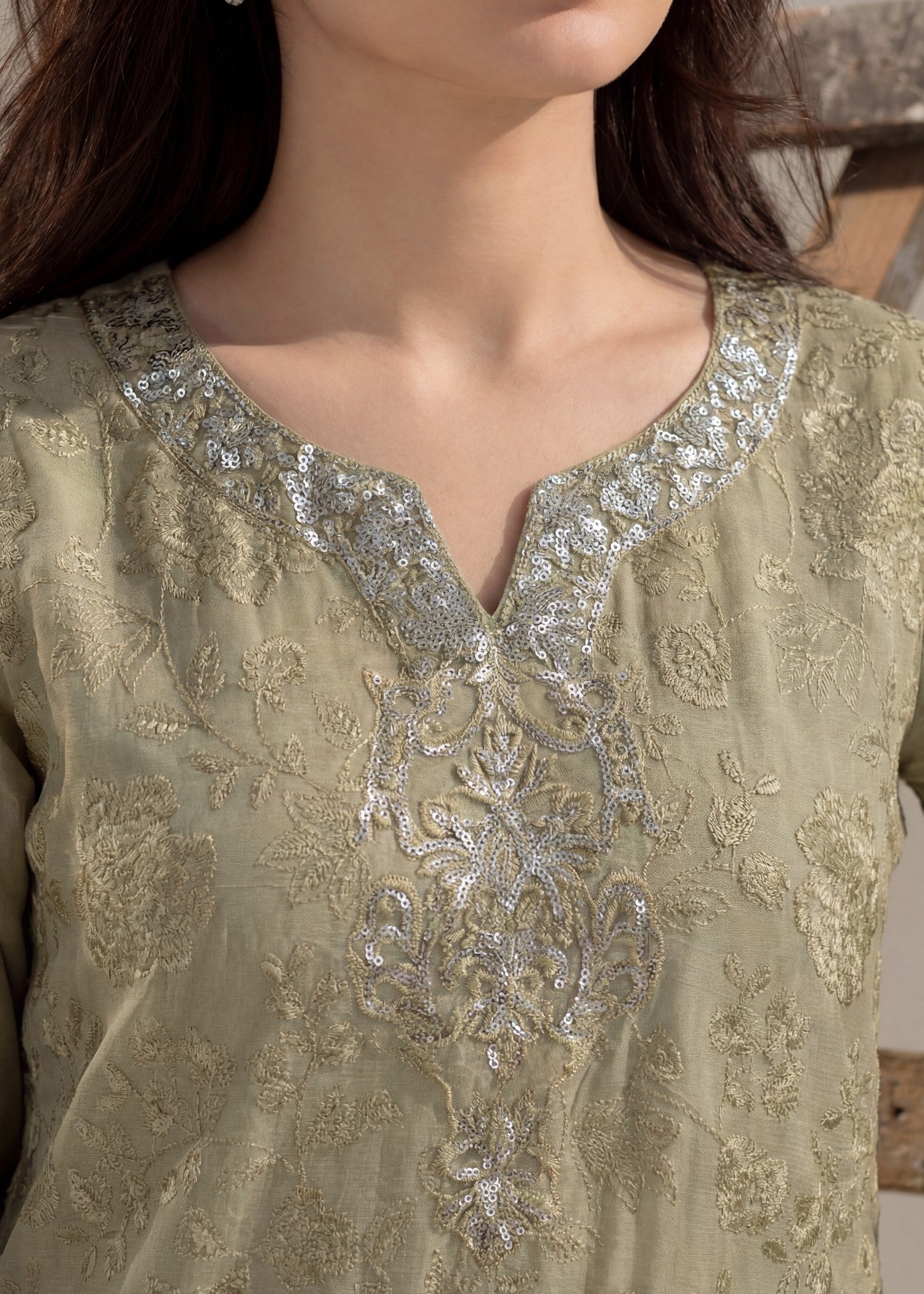khaddi net Kurta Set in Sage green