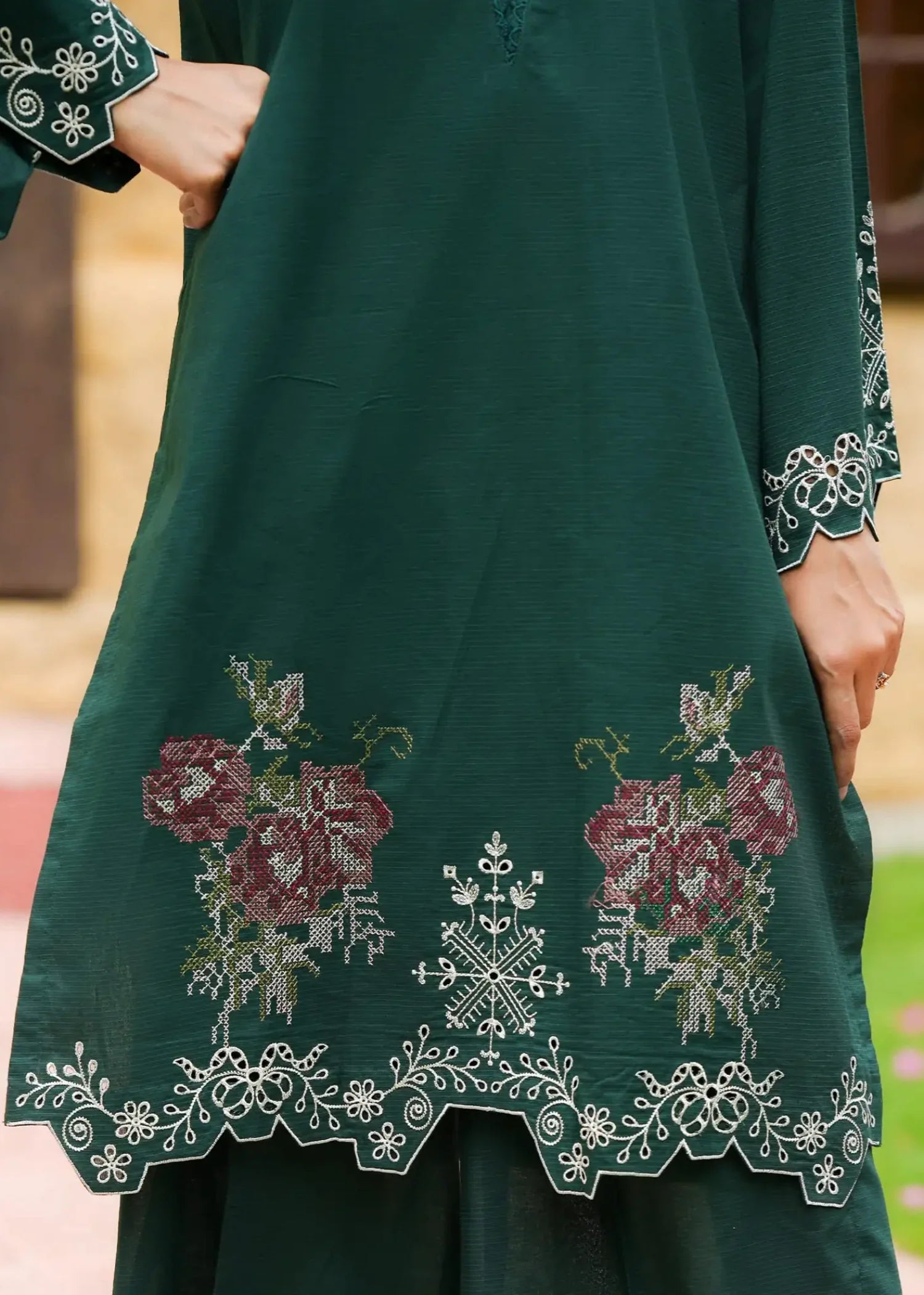 textured lawn Kurta Set in Dark green