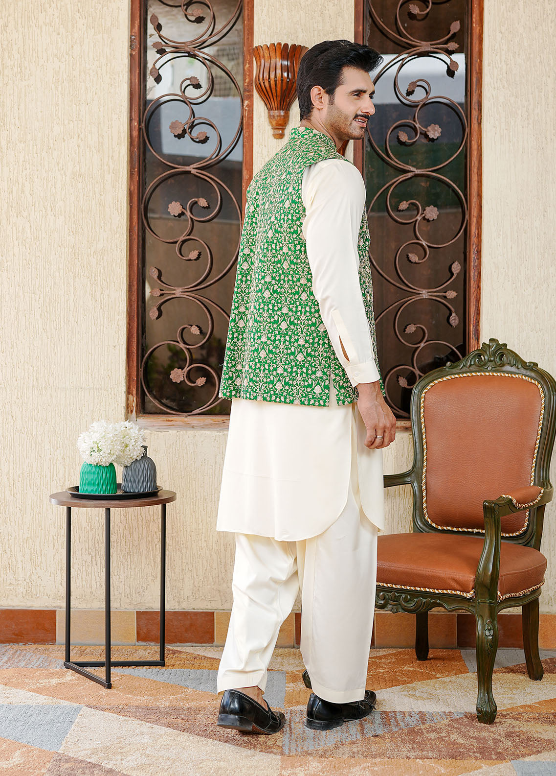banarasi jamawar Waistcoat in Lime green