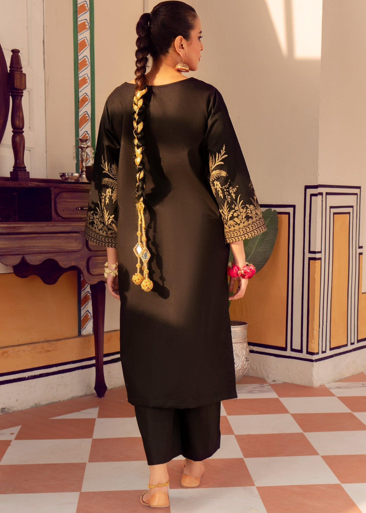 slub cambric Kurta Set in Black