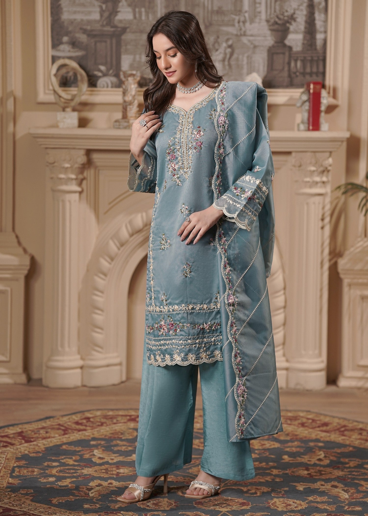 cotton net Kurta Set in Pastel green