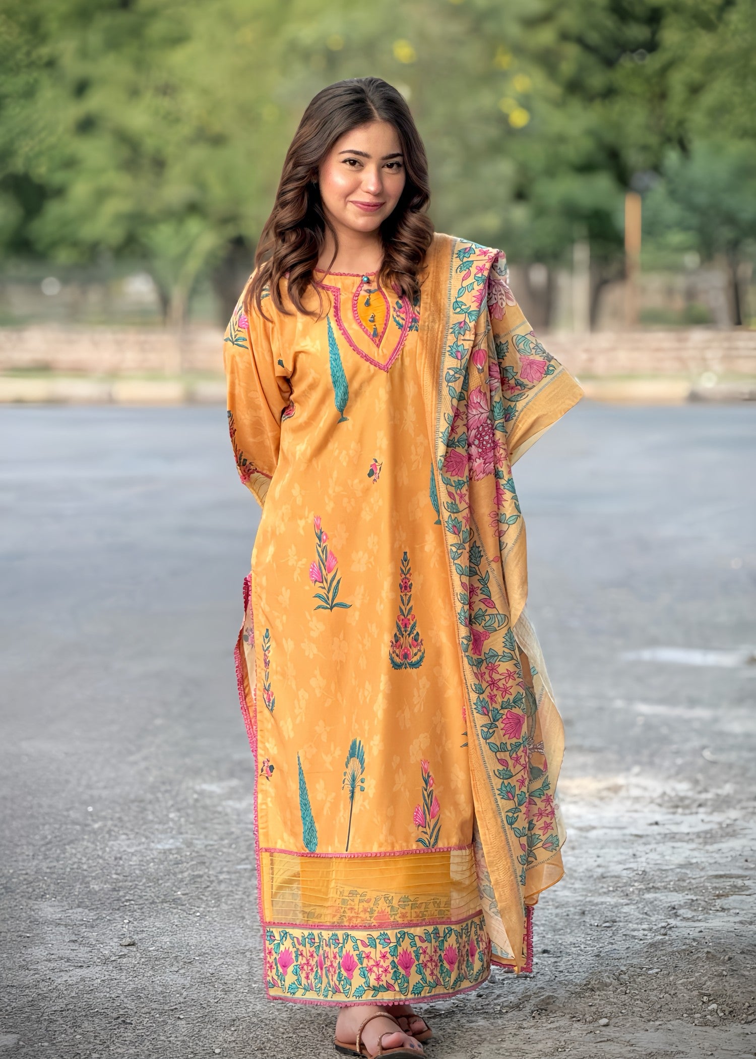 poly lawn Kurta Set in Multi, mellow yellow