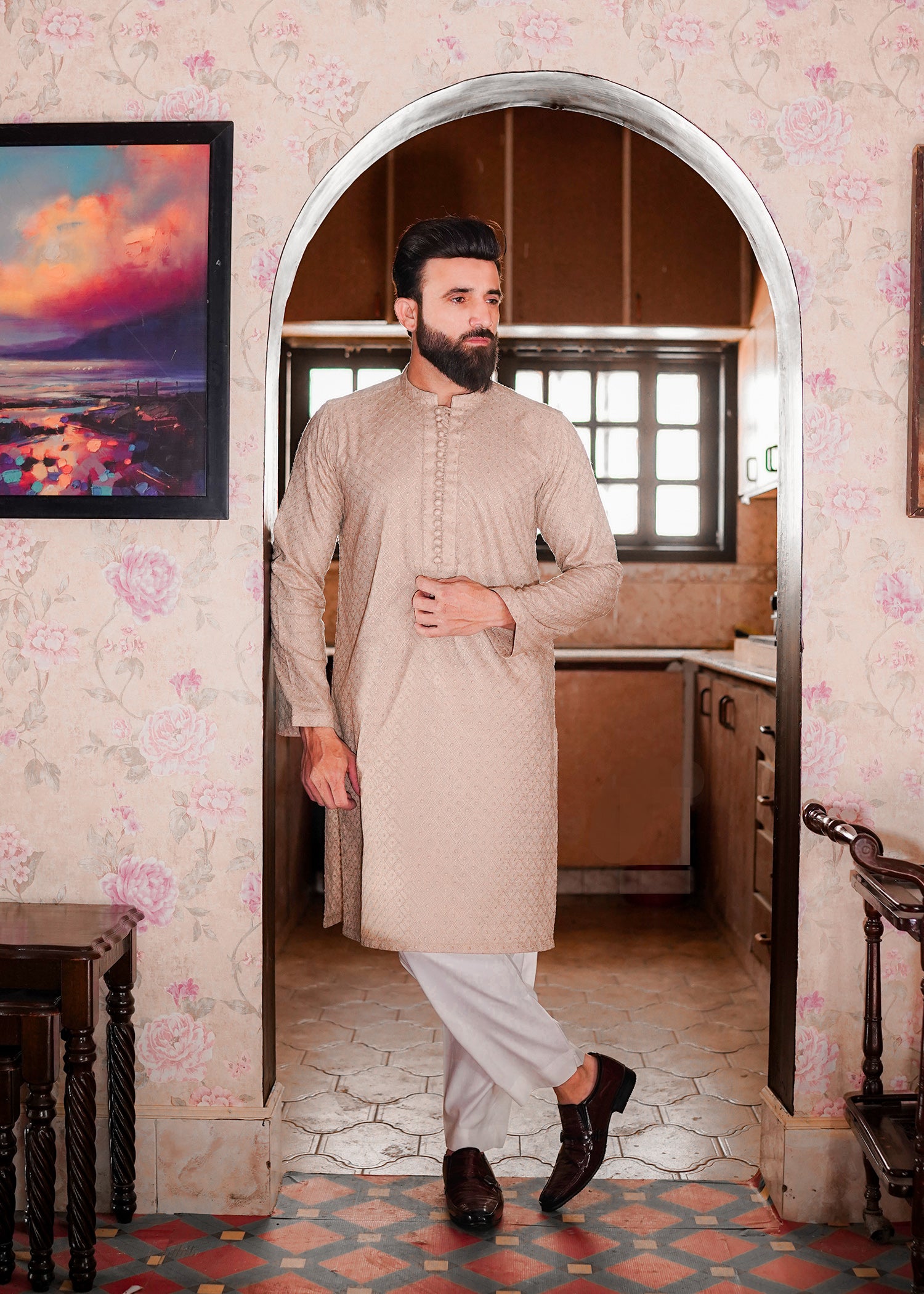 chikankari cotton Kurta in Sand brown